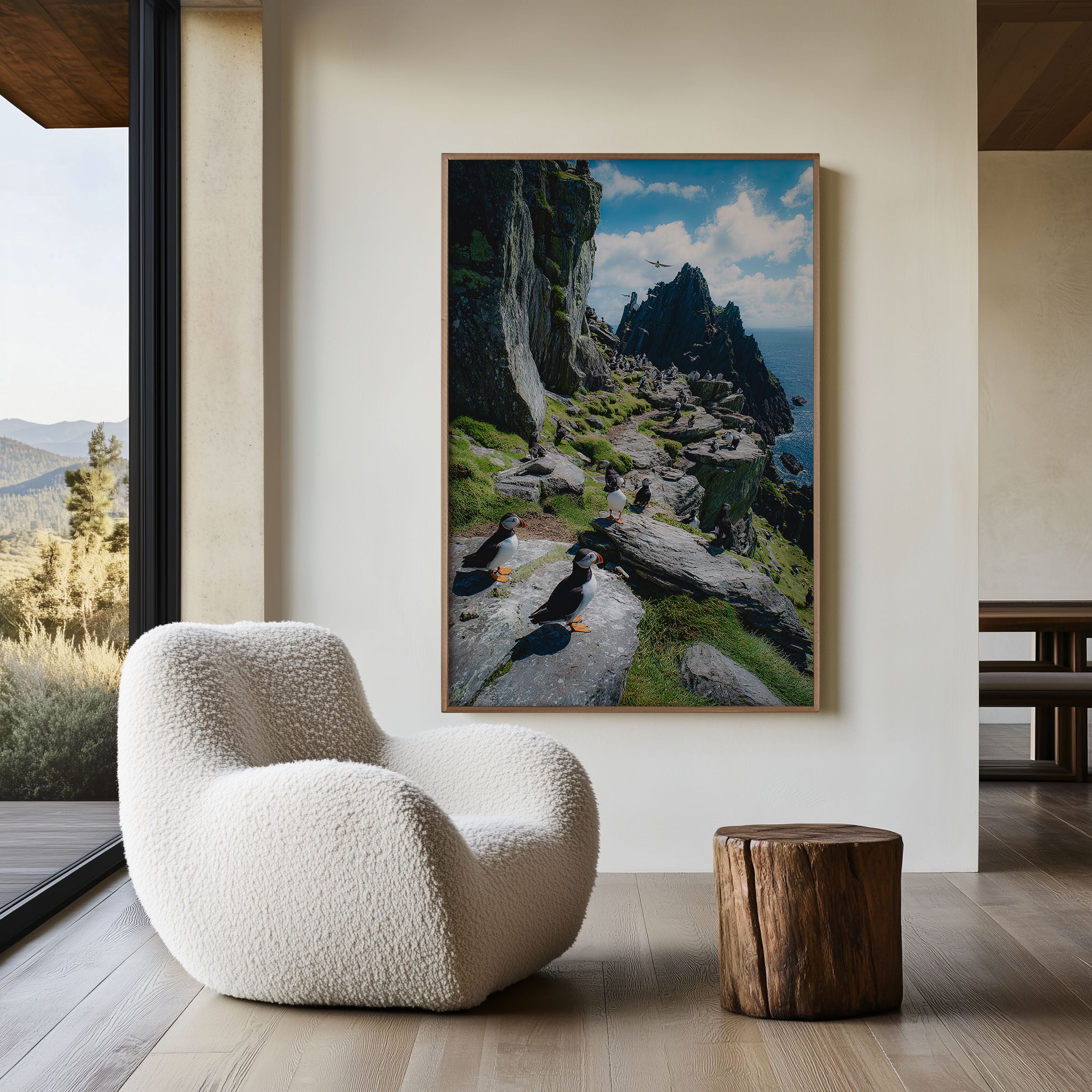 Puffin Colony Wall Art Print – Coastal Cliff Wildlife Canvas & Framed Ocean Landscape Decor