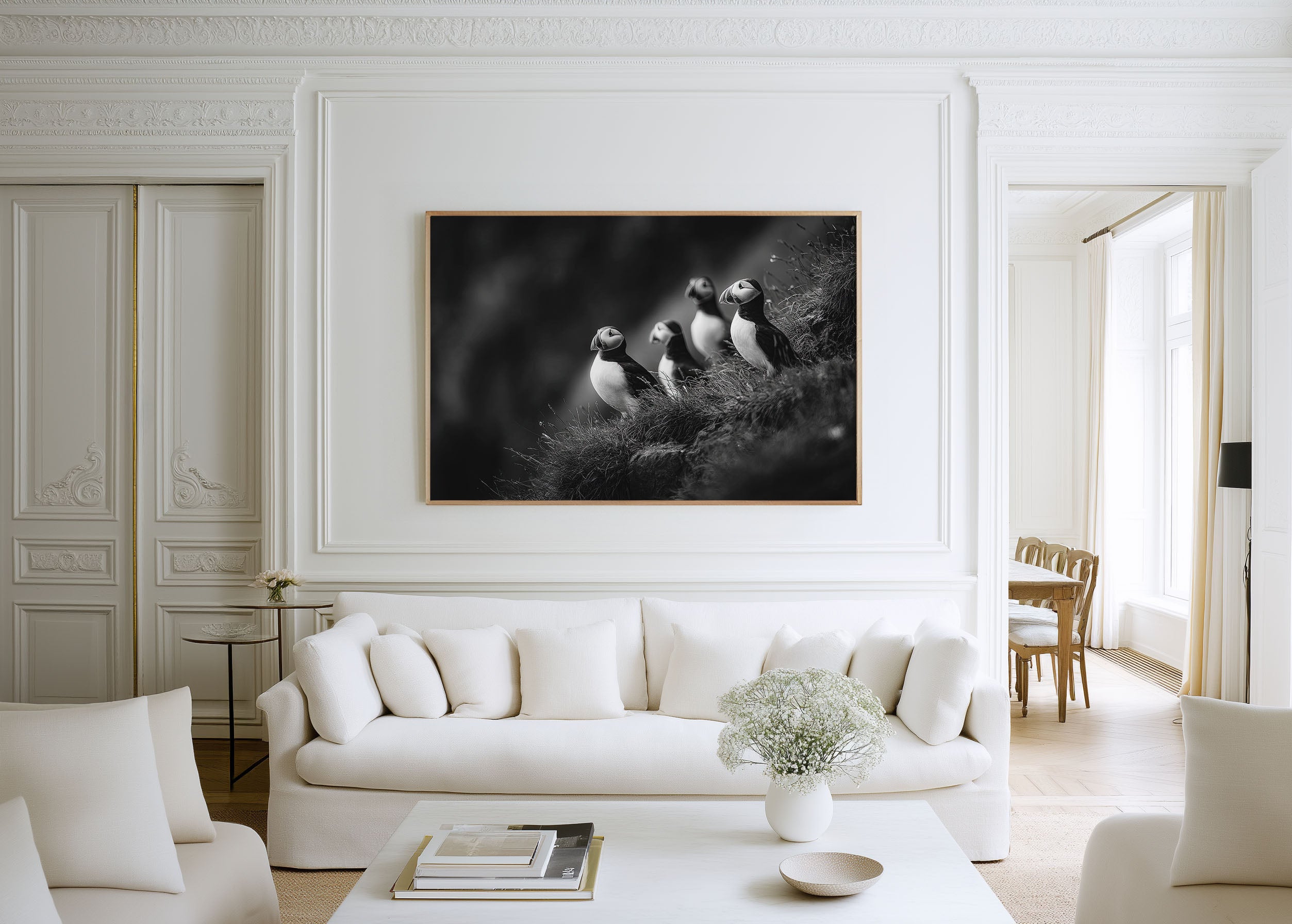 Puffins on Cliff Black & White Wildlife Wall Art