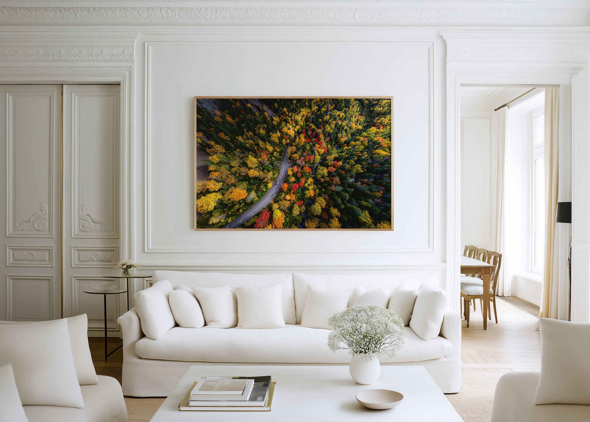 Quebec Autumn Forest Wall Art – Aerial Fall Foliage Winding Road Print