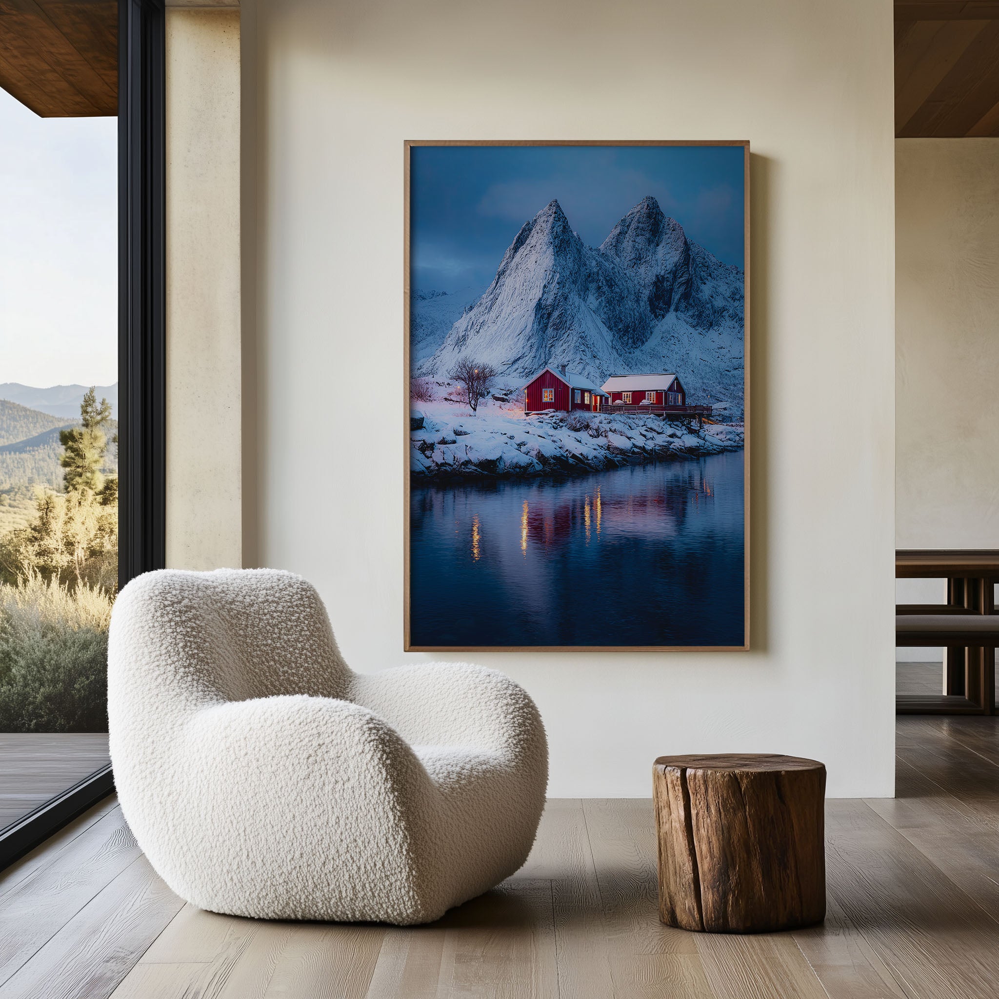 Red Cabins Beneath Snow-Peaked Mountains Lofoten Islands Norway Wall Art Print | Winter Arctic Photography Poster | Scandinavian Nordic Decor