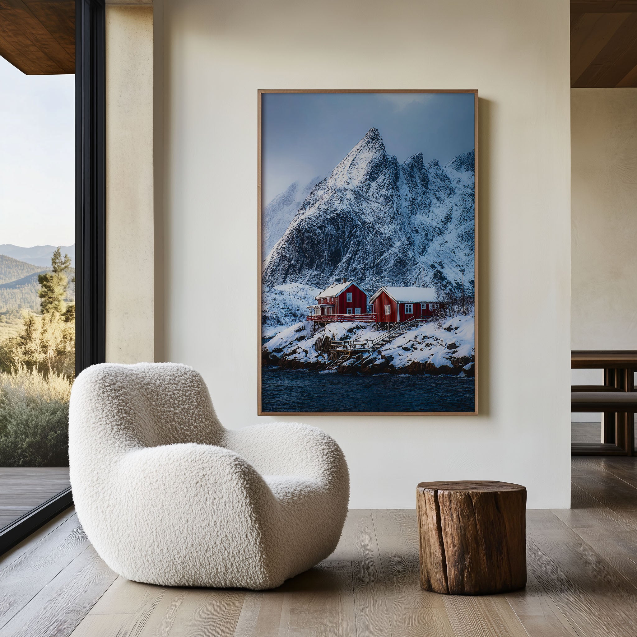 Red Cabins Lofoten Islands Winter Fjord Wall Art Print | Norway Arctic Mountain Photography Poster | Scandinavian Nordic Decor