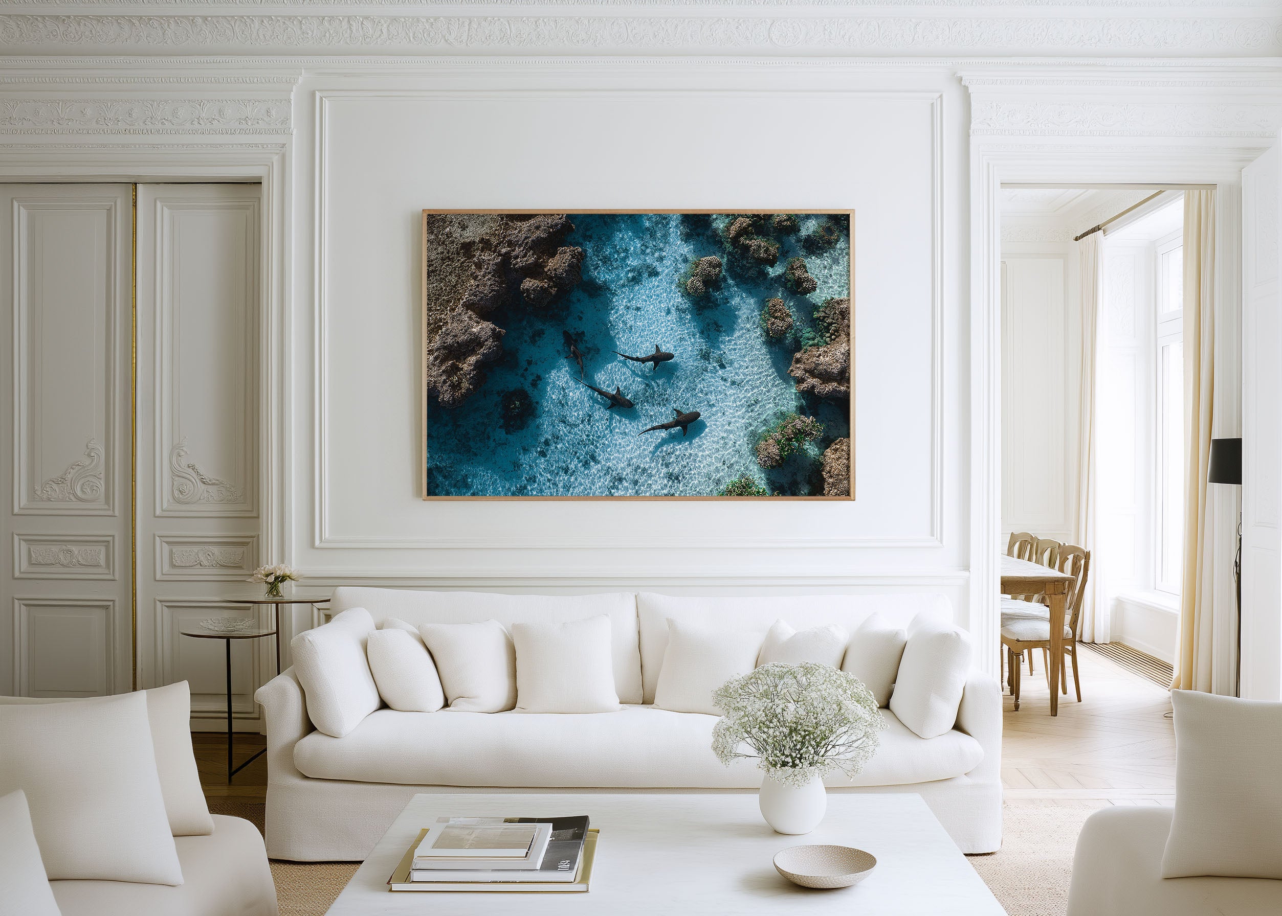 Reef Sharks Wall Art Print – Aerial Coastal Ocean Canvas