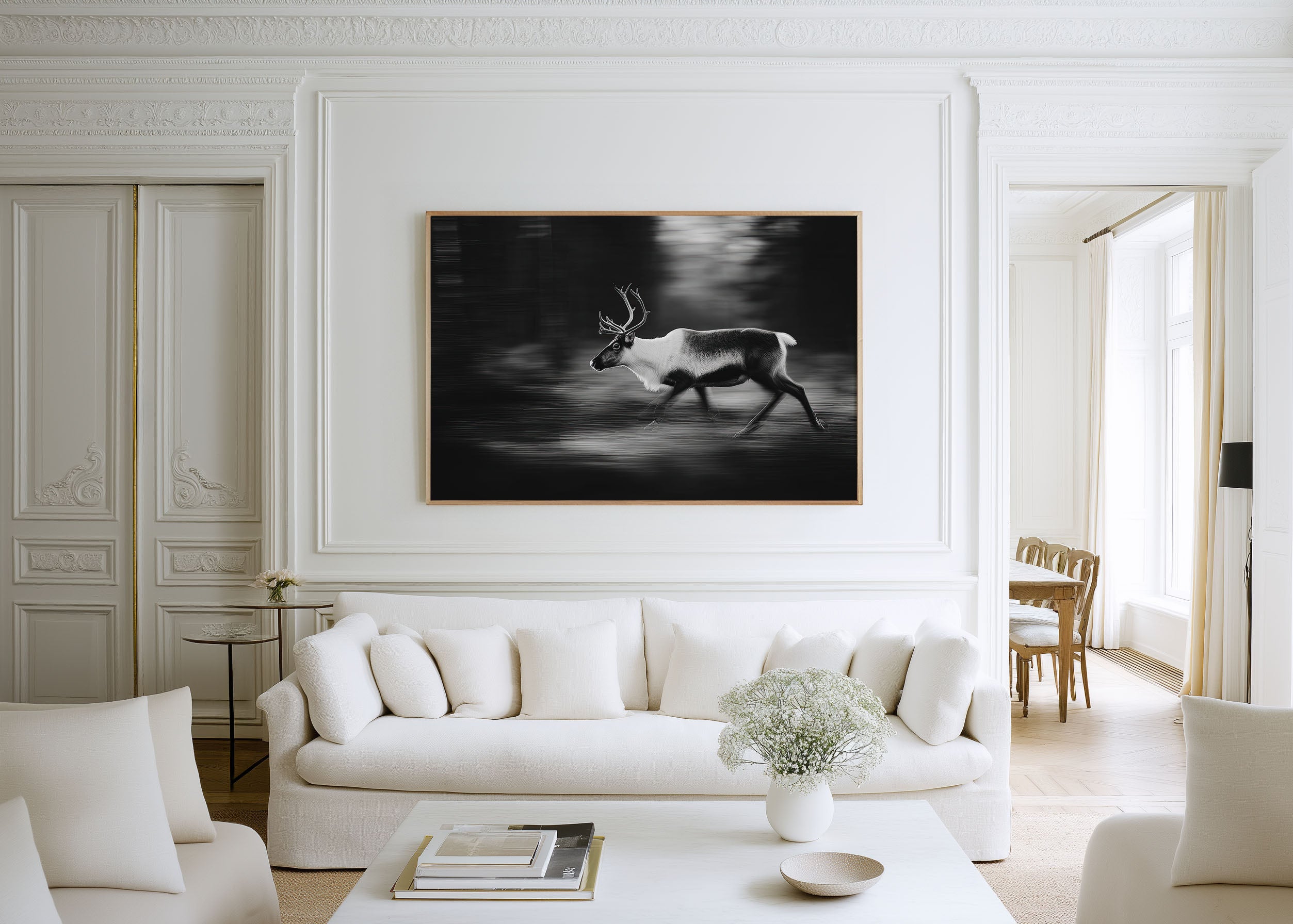 Reindeer in Motion Black & White Wildlife Wall Art