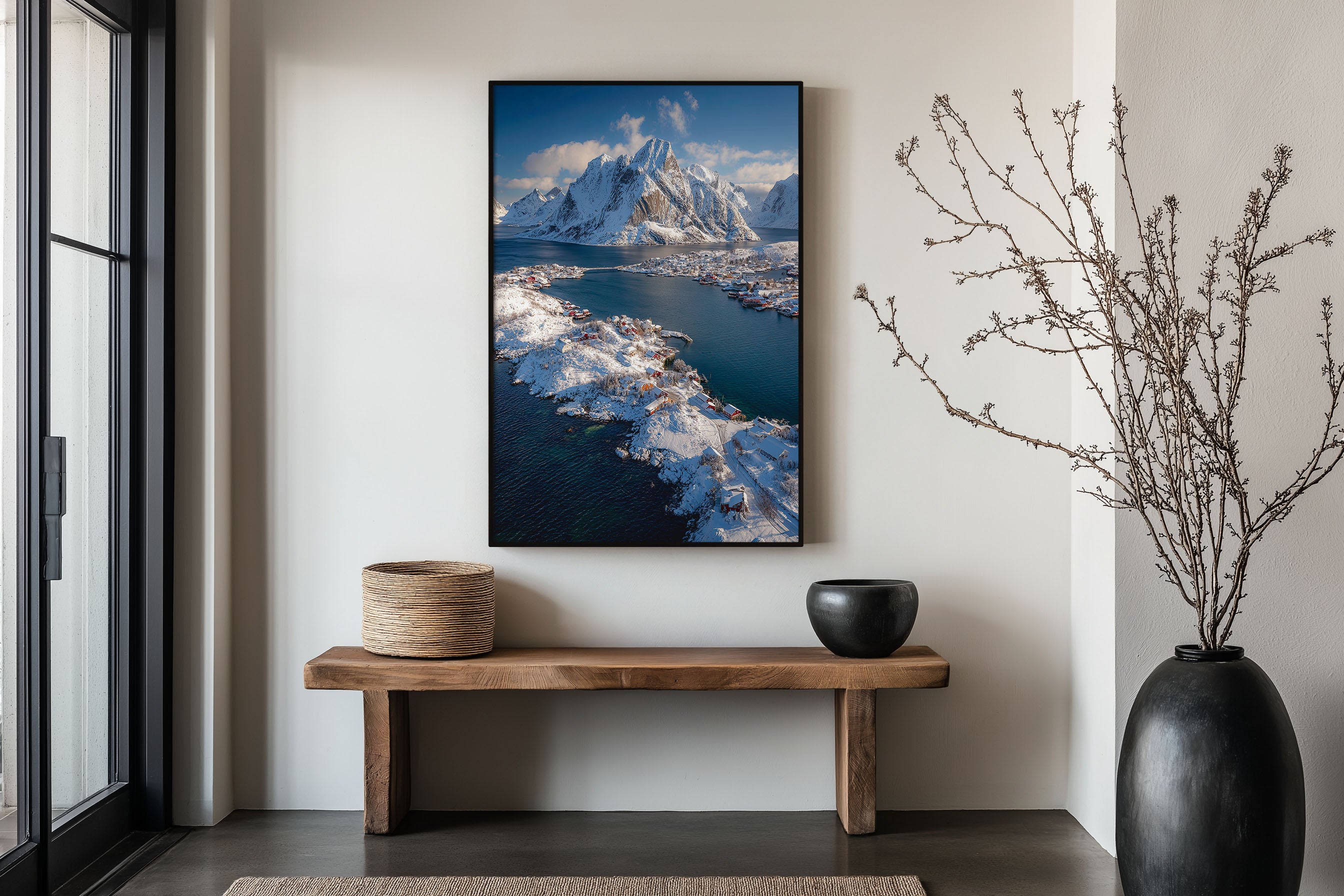 Reine Lofoten Islands Aerial Wall Art Print | Norway Winter Snow Photography | Arctic Fishing Village Mountain Poster
