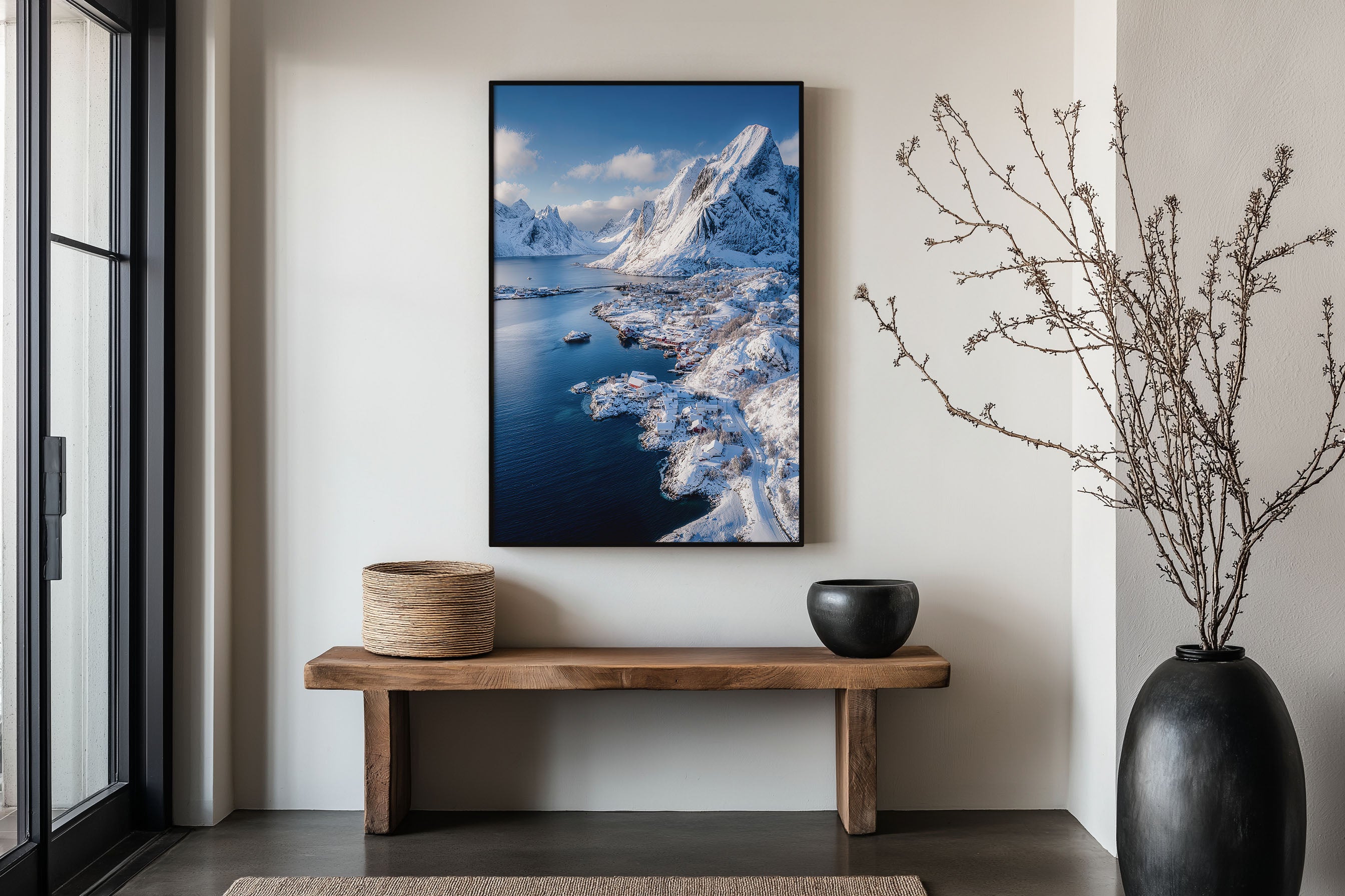 Reine Lofoten Islands Winter Fjord Wall Art Print | Norway Arctic Village Photography | Snow Mountain Coastal Poster