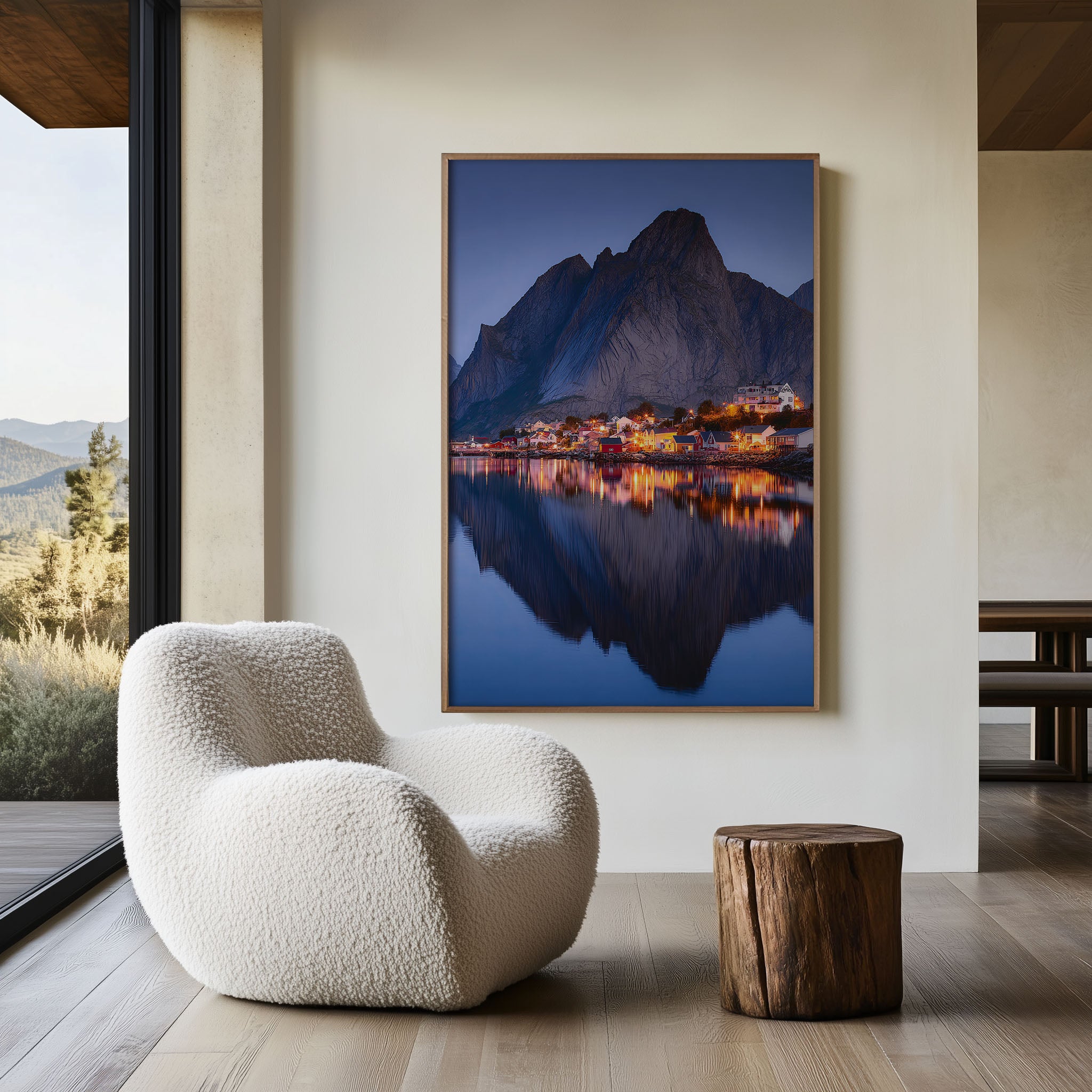 Reine Village Blue Hour Glowing Lights Reflection Wall Art Print | Lofoten Norway Night Photography | Scandinavian Home Decor