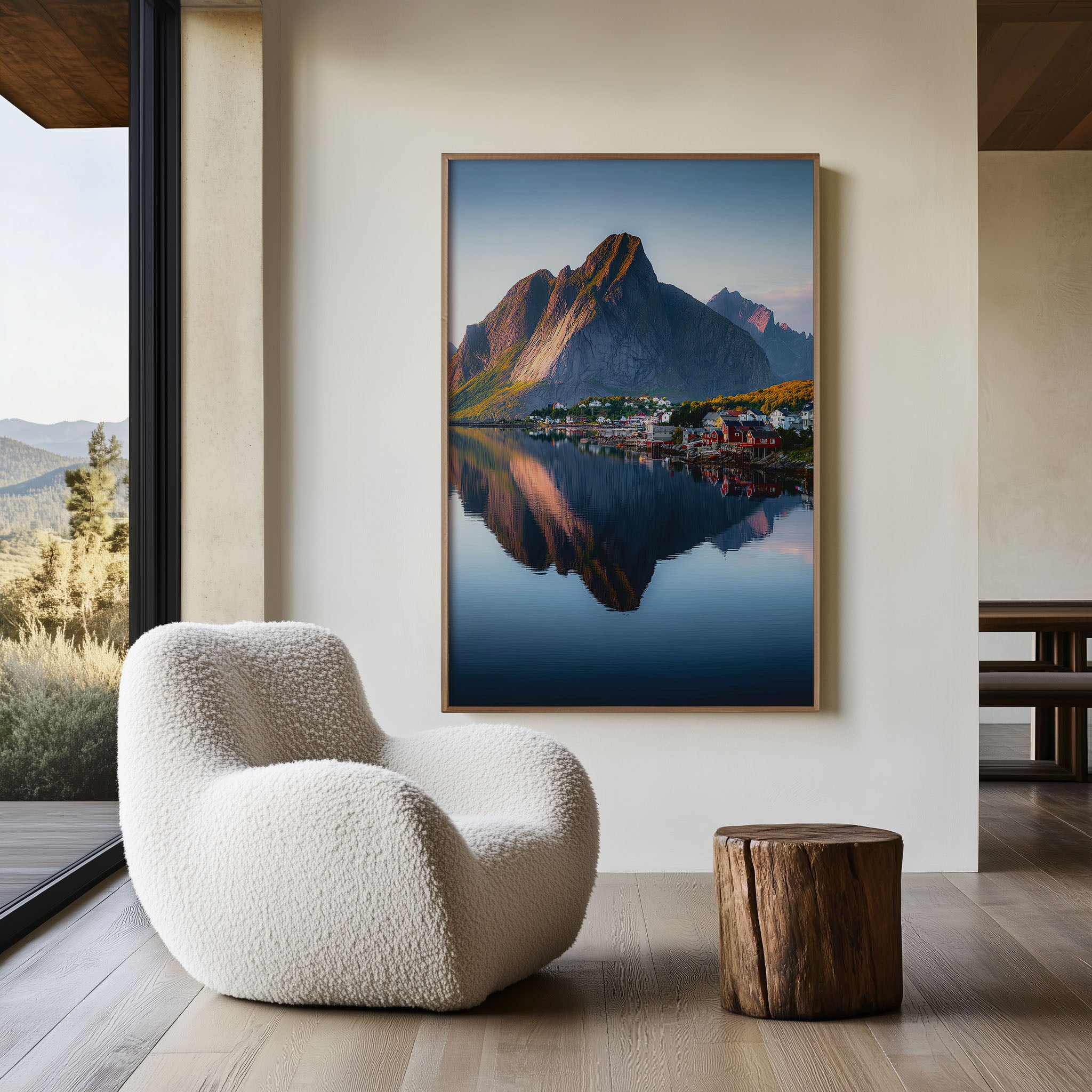 Reine Village Golden Sunrise Calm Water Reflection Wall Art Print | Lofoten Norway Autumn Photography | Scandinavian Home Decor
