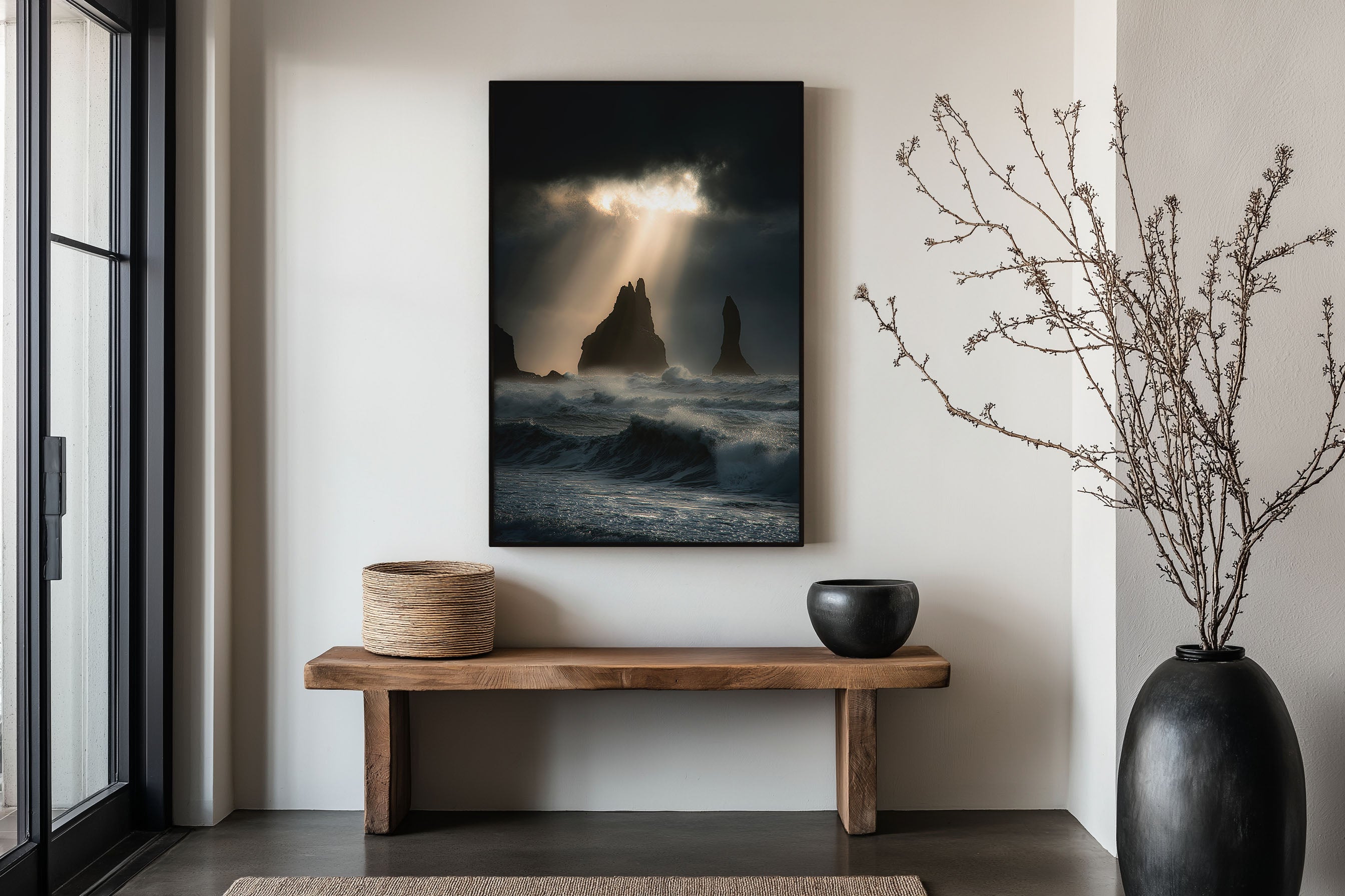 Reynisdrangar God Rays Storm Wall Art Print | Vík Iceland Sea Stack Photography | Divine Light Black Beach Seascape Poster