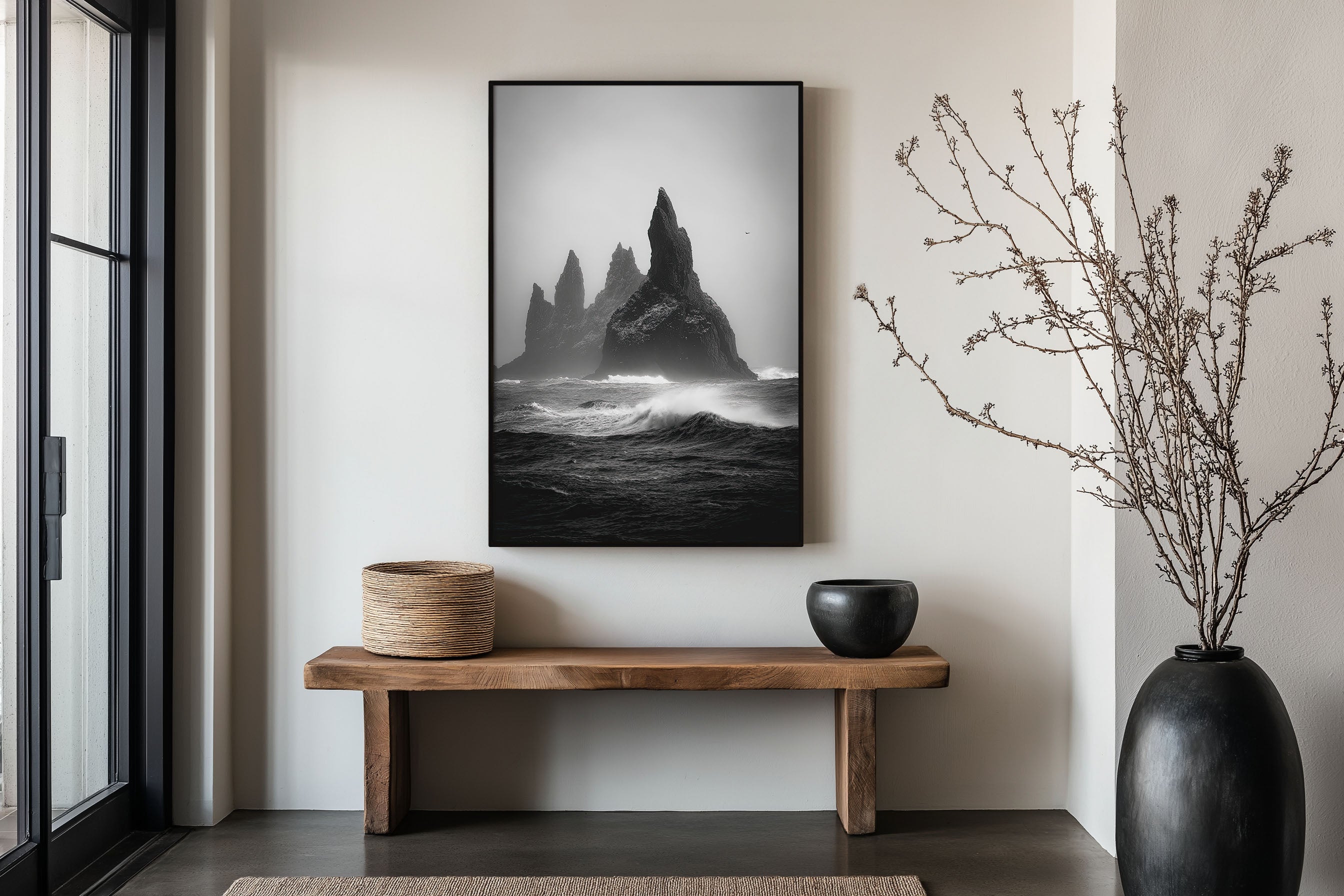Reynisdrangar Sea Stacks Iceland Print | Black and White Coastal Wall Art | Moody Ocean Photography