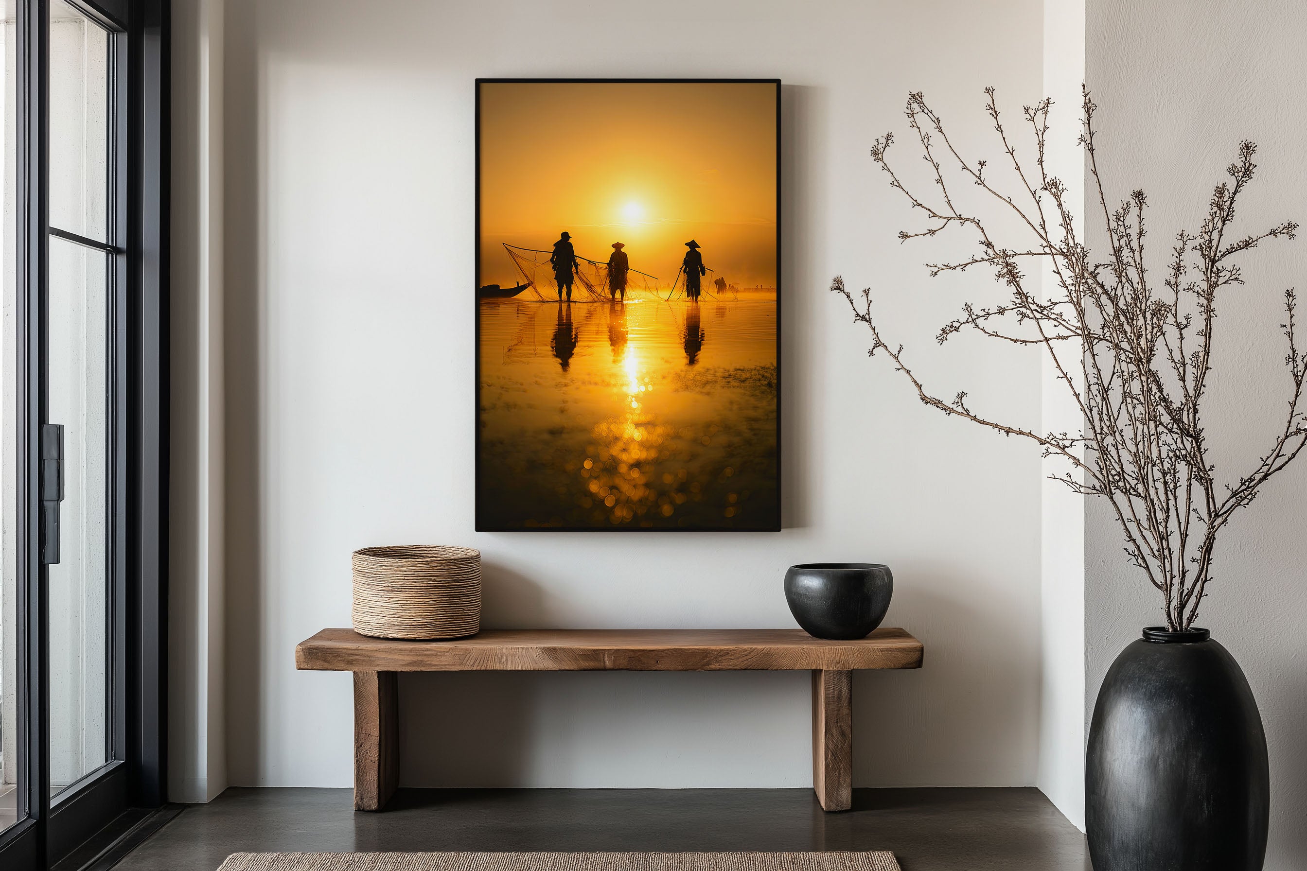 Southeast Asian Fishermen Sunset Print | Golden River Fishing Wall Art | Traditional Fishermen Silhouette Photography Poster