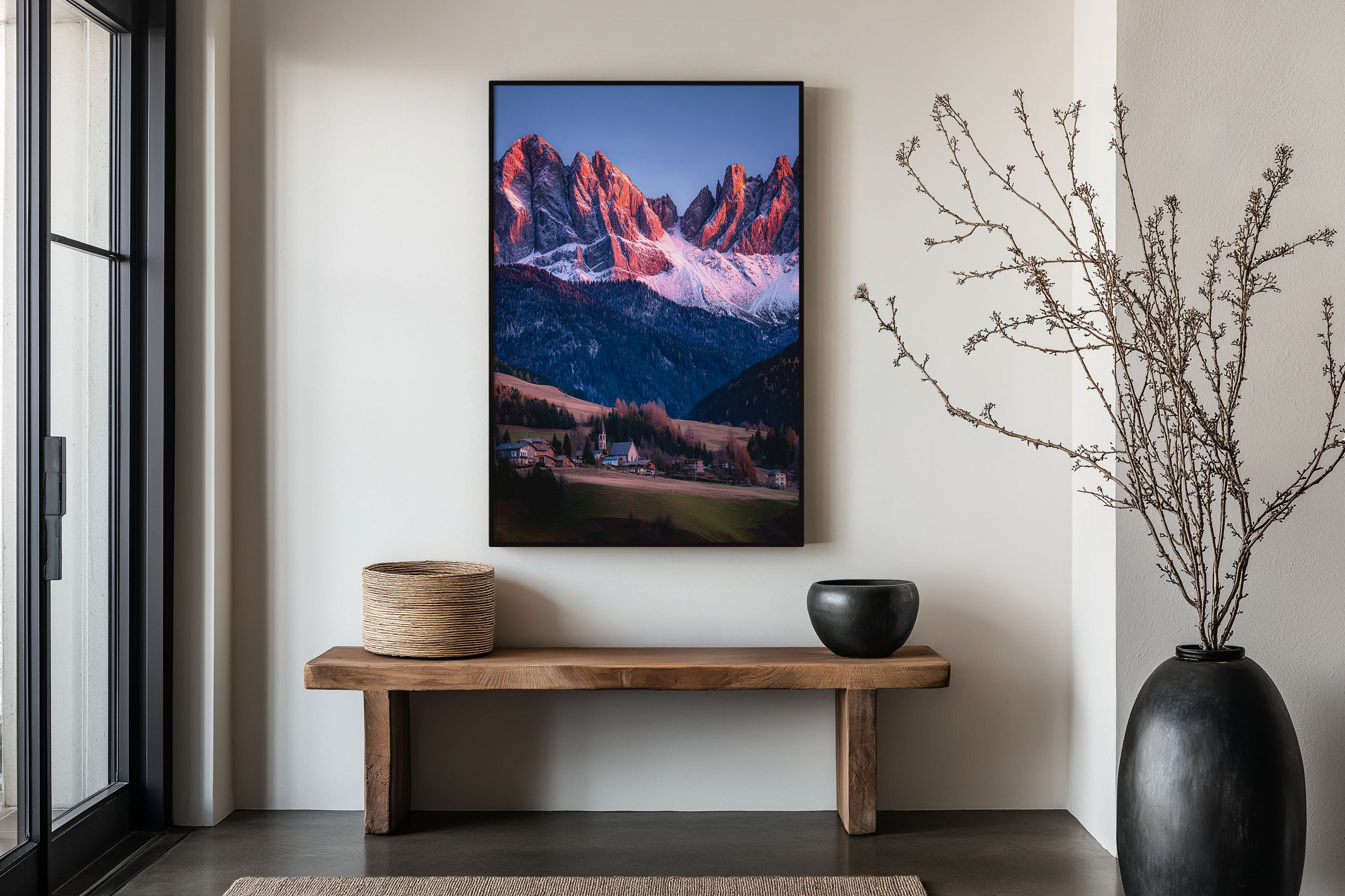 Santa Maddalena Winter Alpenglow Print | Dolomites Odle Peaks Wall Art | Val di Funes Autumn Photography