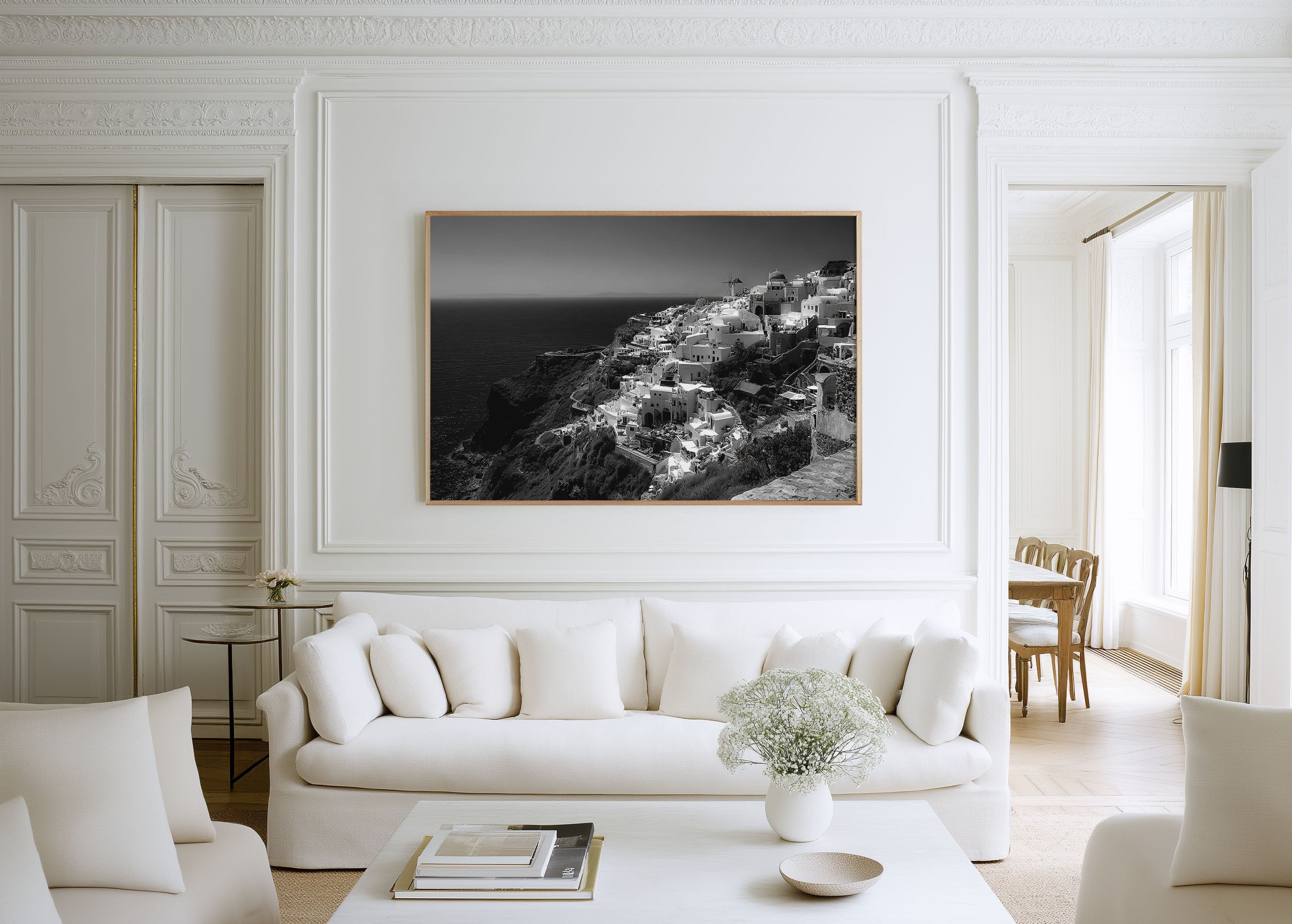 Santorini Wall Art Print – Black and White Greece Coastal Photography