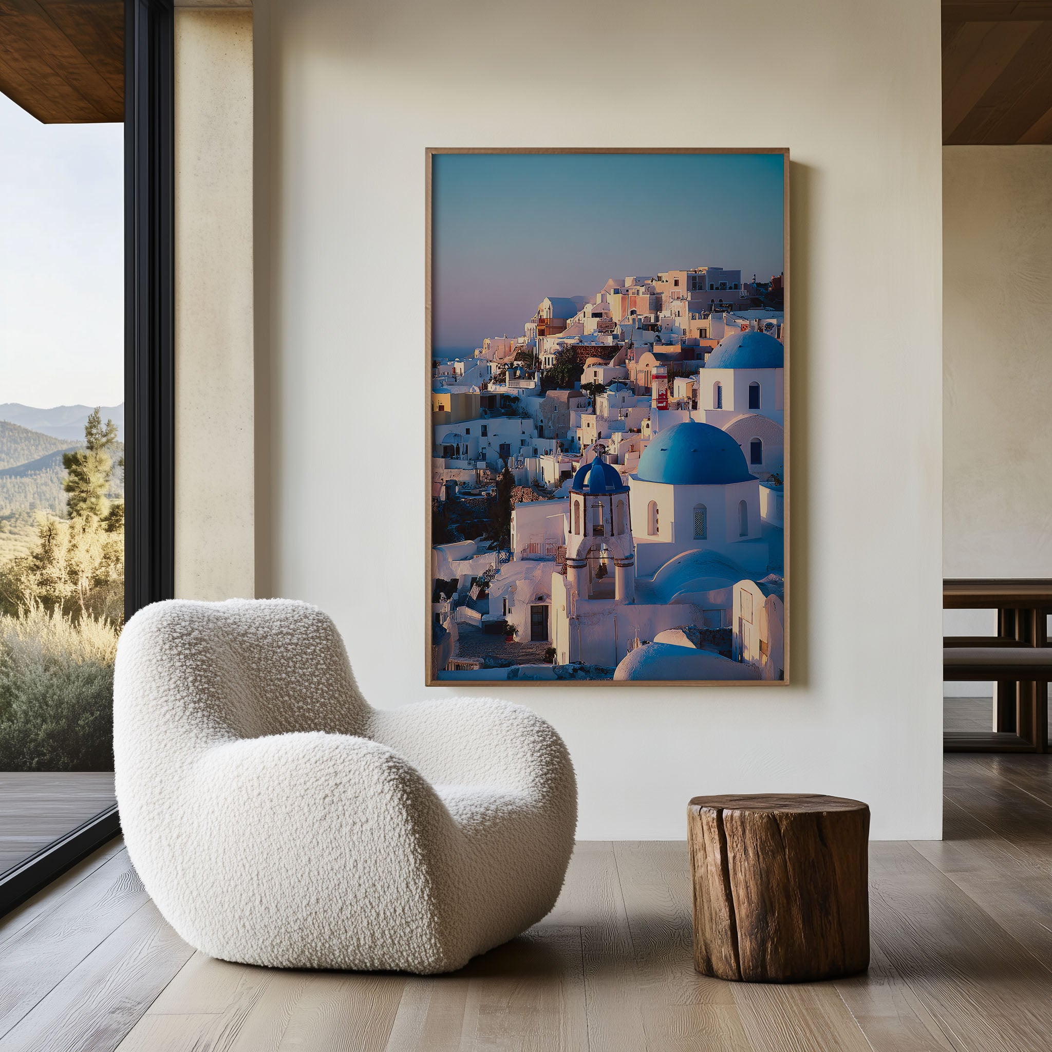 Santorini Blue Domes Wall Art Print | Oia Greece Orthodox Church Sunset Photography | Greek Islands Travel Poster | Mediterranean Home Decor