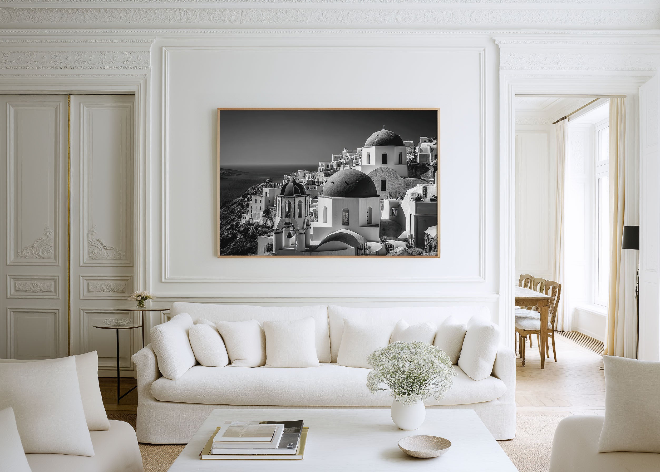 Santorini Greece Black and White Wall Art Print – Mediterranean Coastal Canvas