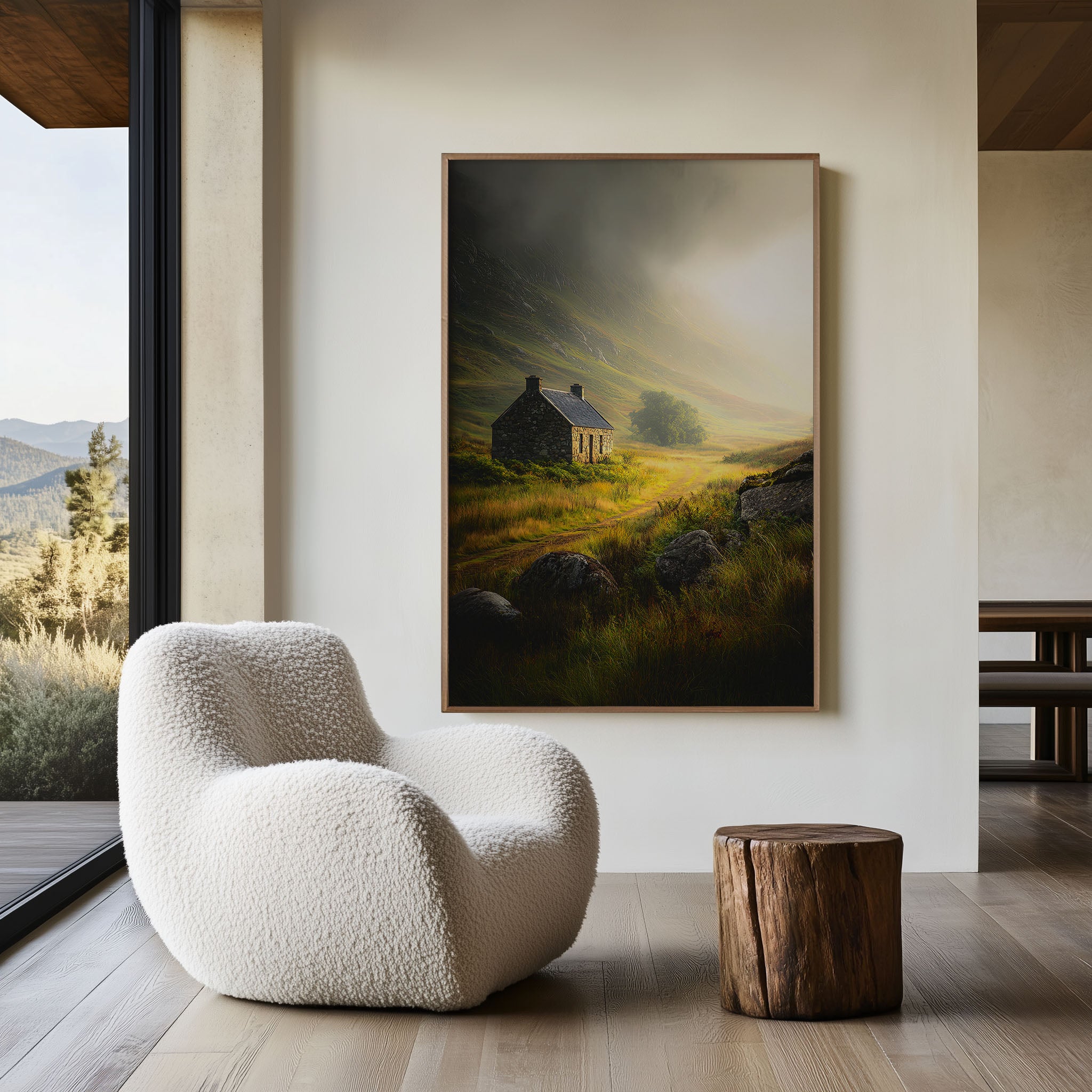 Scottish Highlands Cottage Wall Art – Misty Mountain Landscape Print