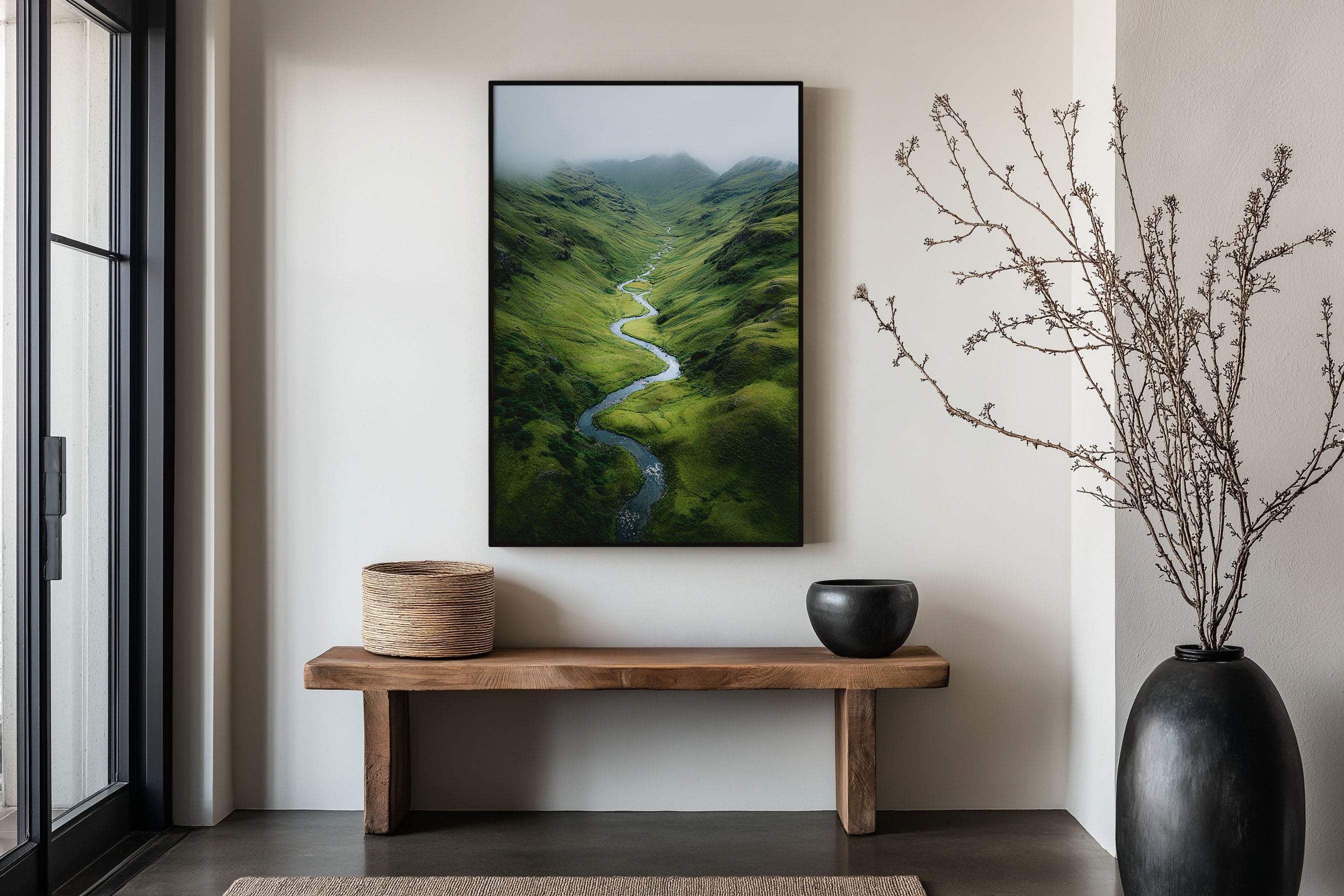 Scottish Highlands Winding River Valley Wall Art Print | Scotland Aerial Landscape Photography | Green Glen Misty Mountain Poster