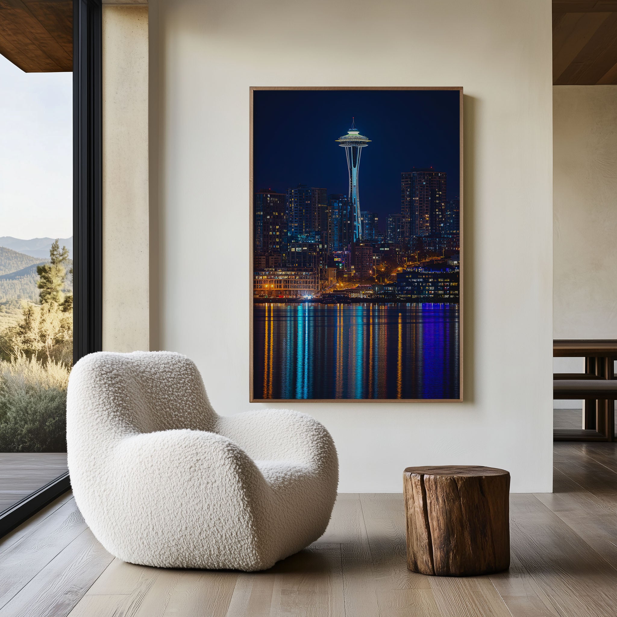 Seattle Space Needle Night Wall Art | Elliott Bay Washington Print | City Lights Photography Poster