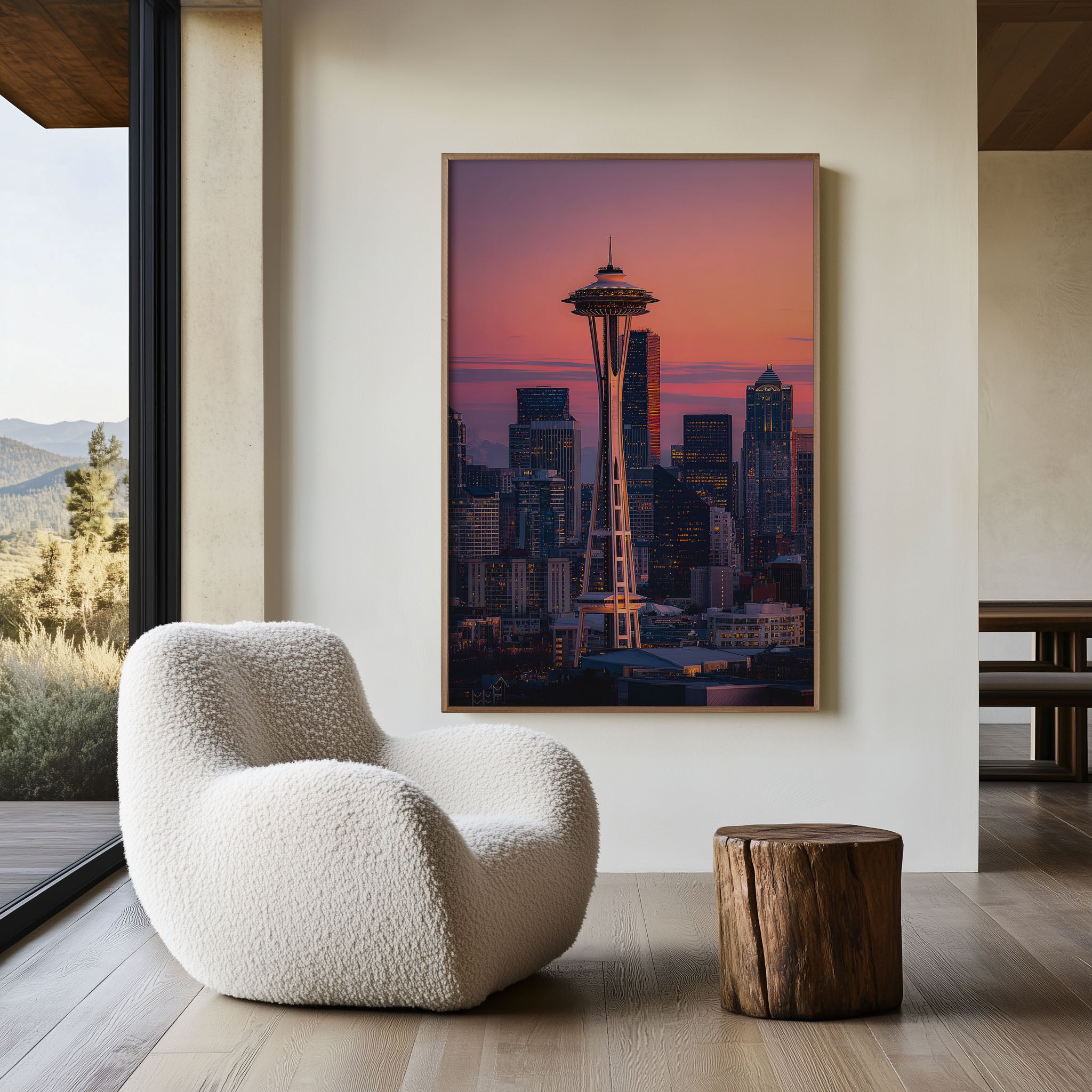Seattle Space Needle Sunset Wall Art | Seattle Skyline Pink Sky Washington Print | Travel Photography Poster