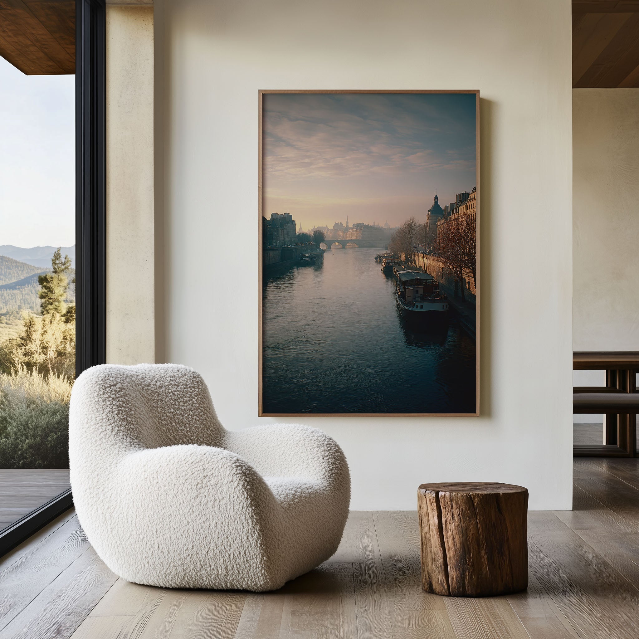 Seine River Morning Wall Art Print | Paris France Houseboat Winter Sunrise Photography | French Travel Poster | Soft Romantic Home Decor