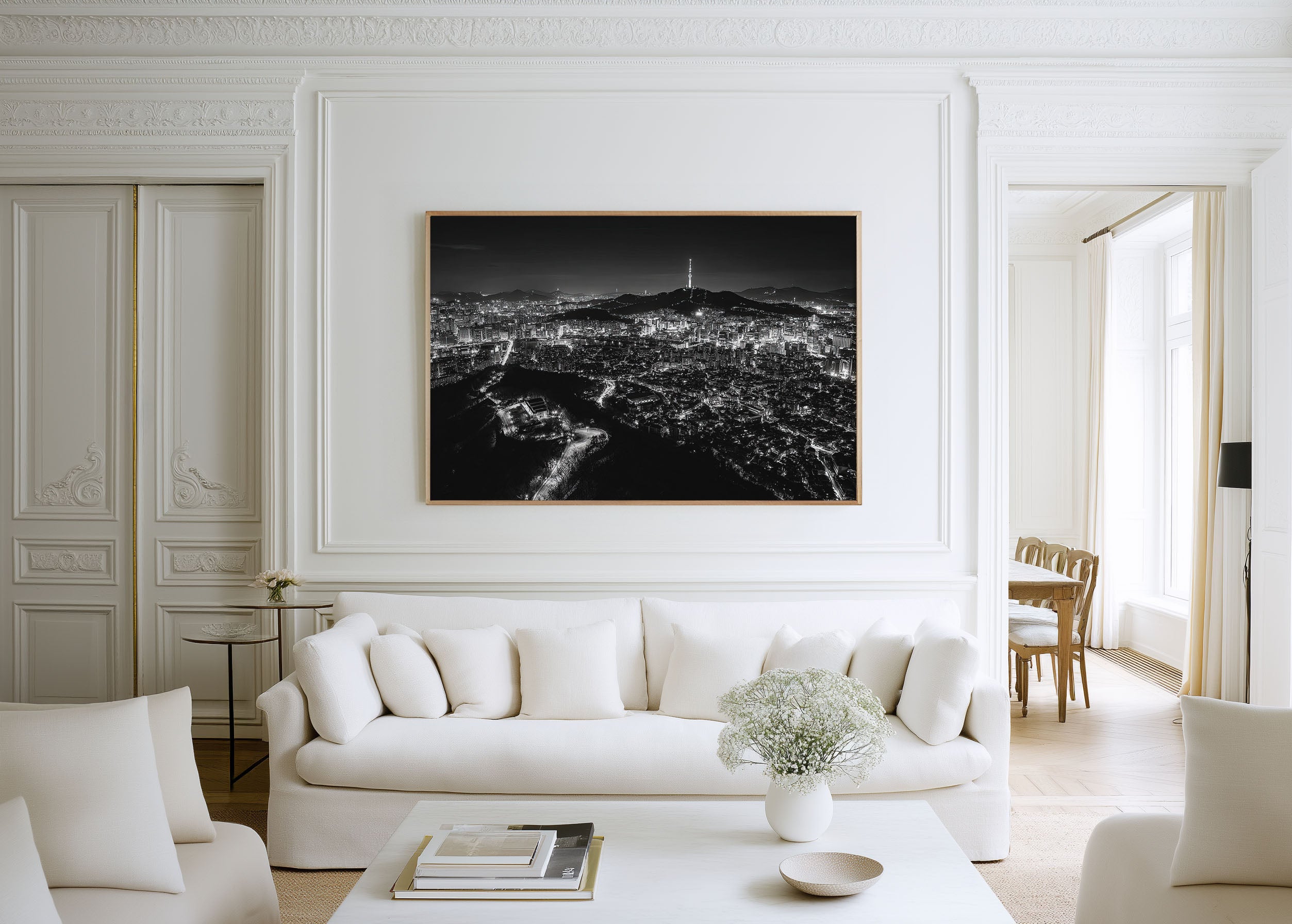 Seoul Skyline Night Black & White Wall Art