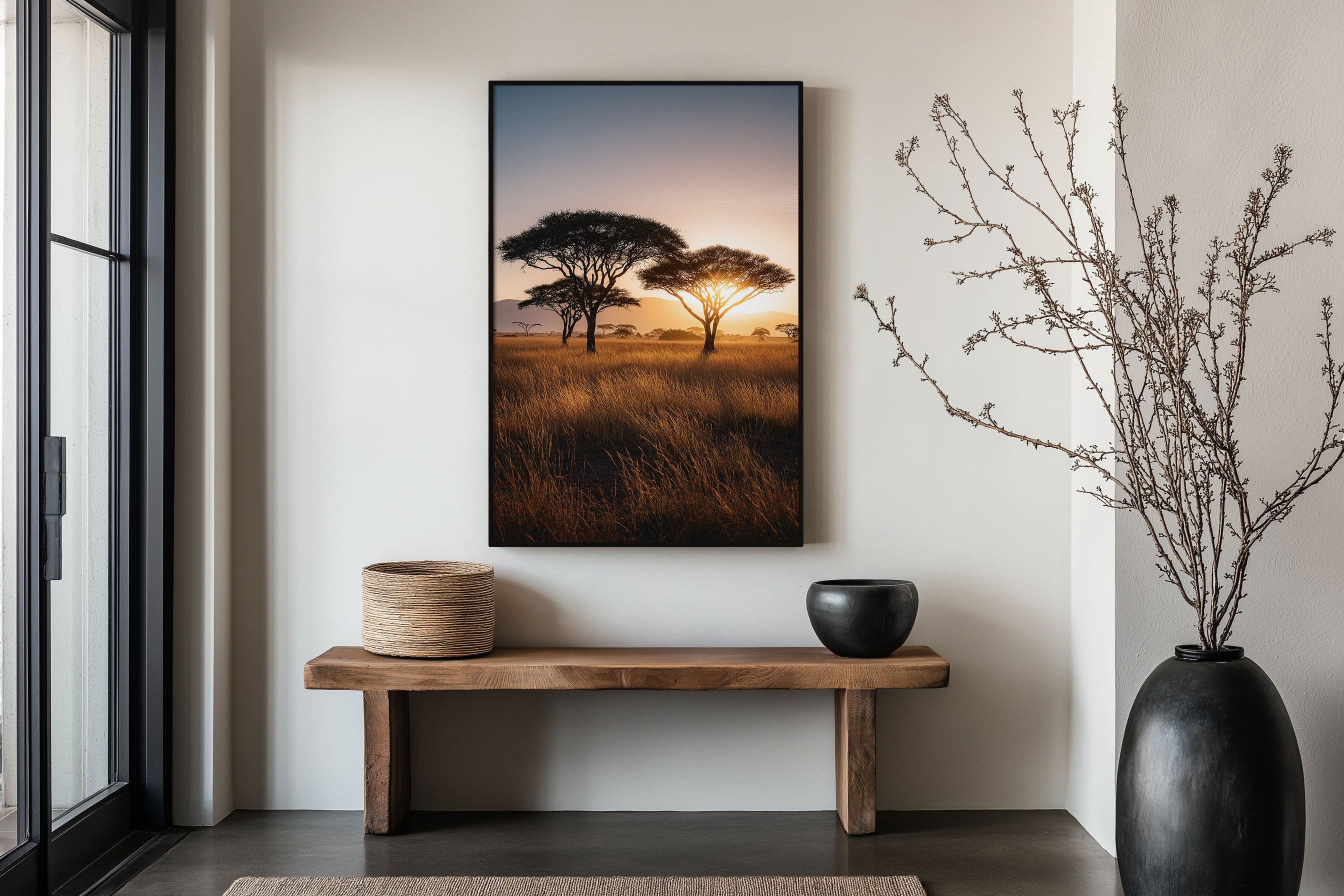 Serengeti Acacia Sunrise Wall Art Print | Tanzania Africa Savanna Golden Hour Photography | East Africa Safari Travel Poster | Warm Neutral Home Decor