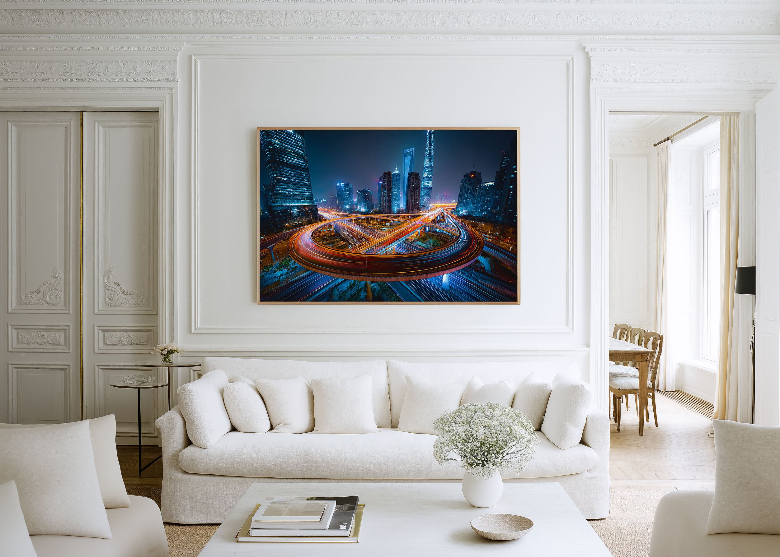Shanghai Futuristic Skyline Wall Art Print, China Highway Light Trails