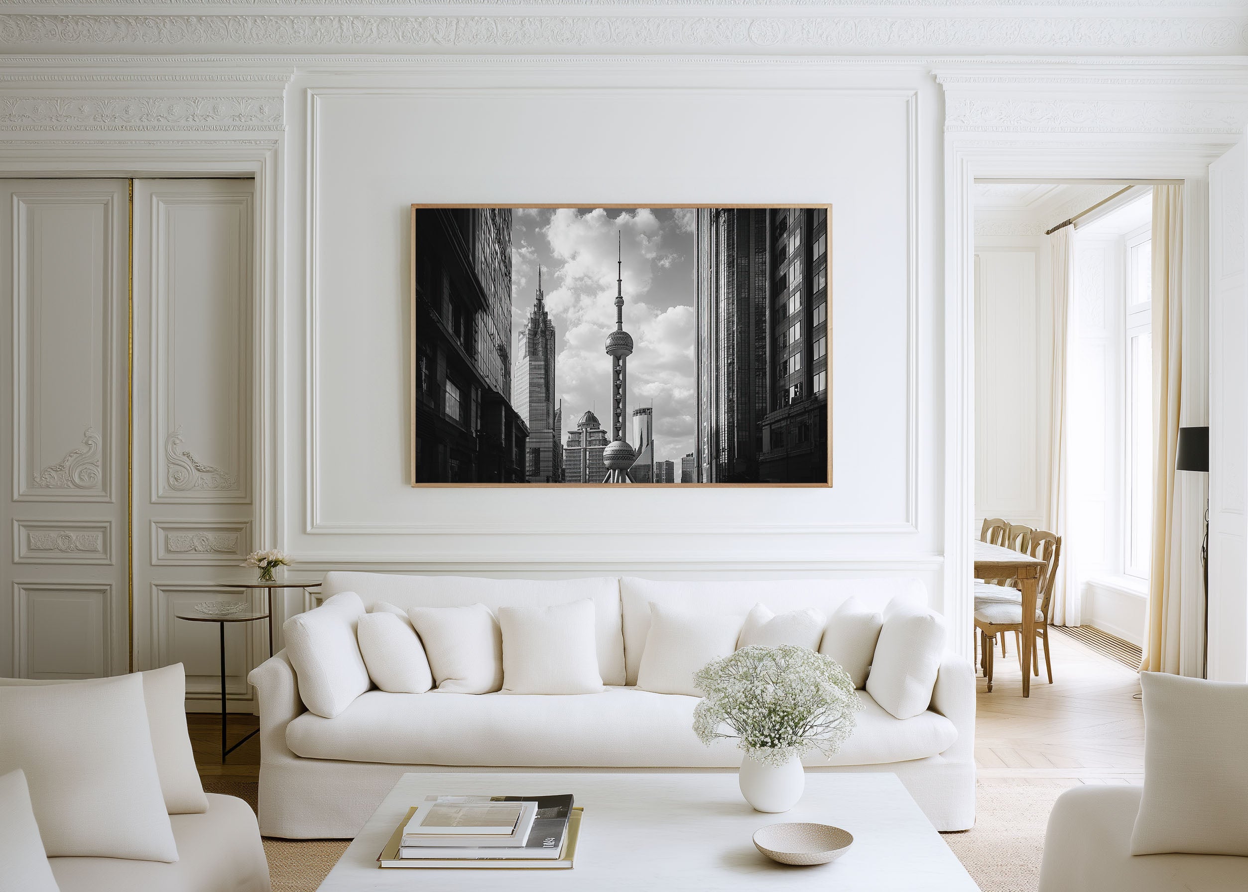 Shanghai Skyline Black & White Wall Art Print