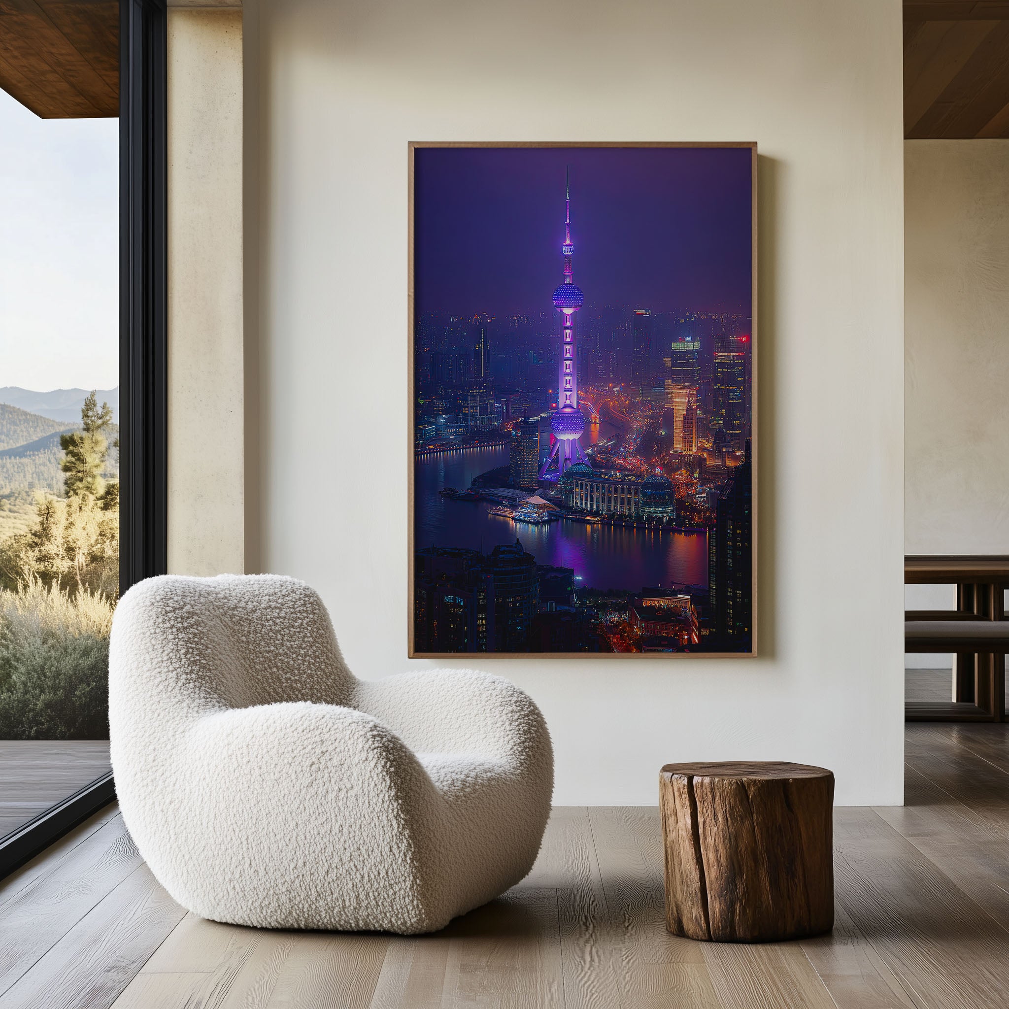 Shanghai Oriental Pearl Tower Purple Night Wall Art | Huangpu River Aerial China Print | City Lights Photography Poster
