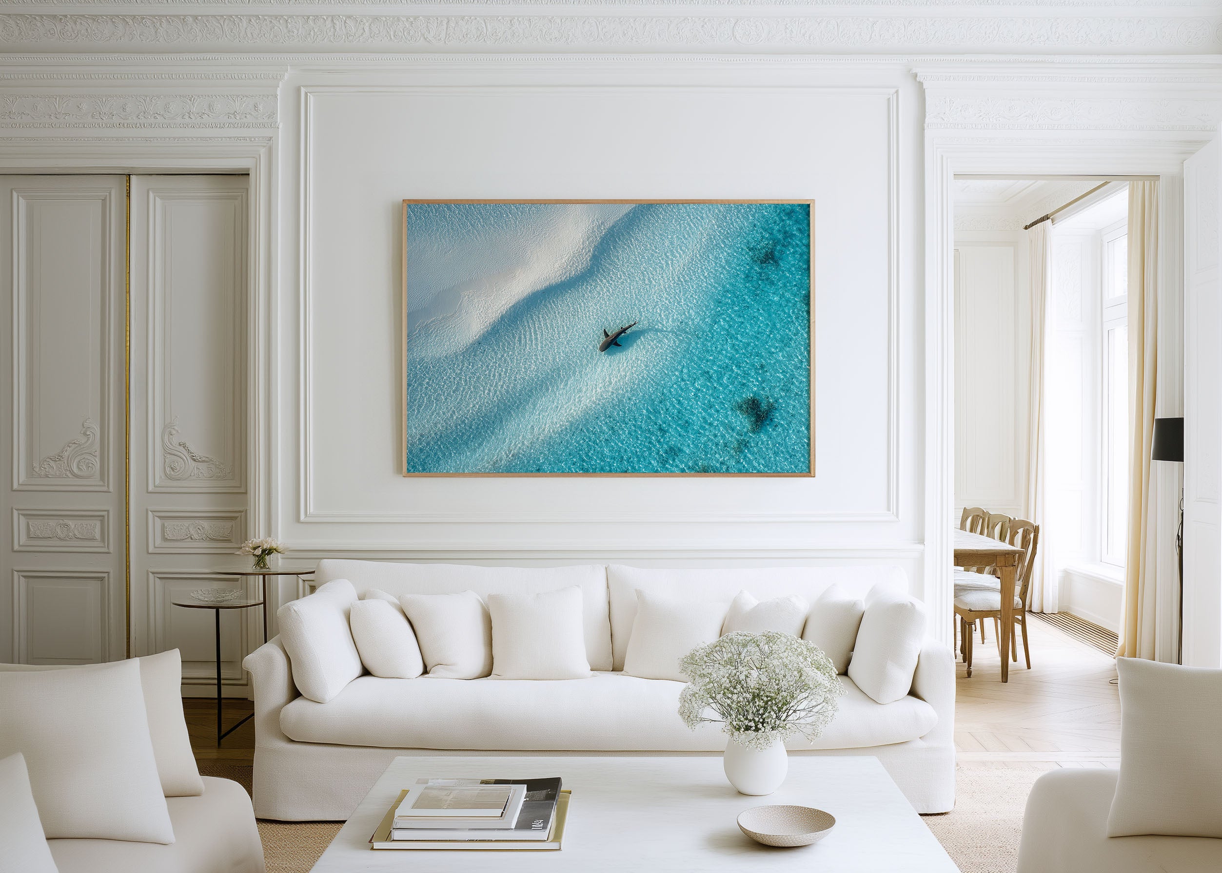 Shark Wall Art Print – Aerial Ocean White Sand Canvas