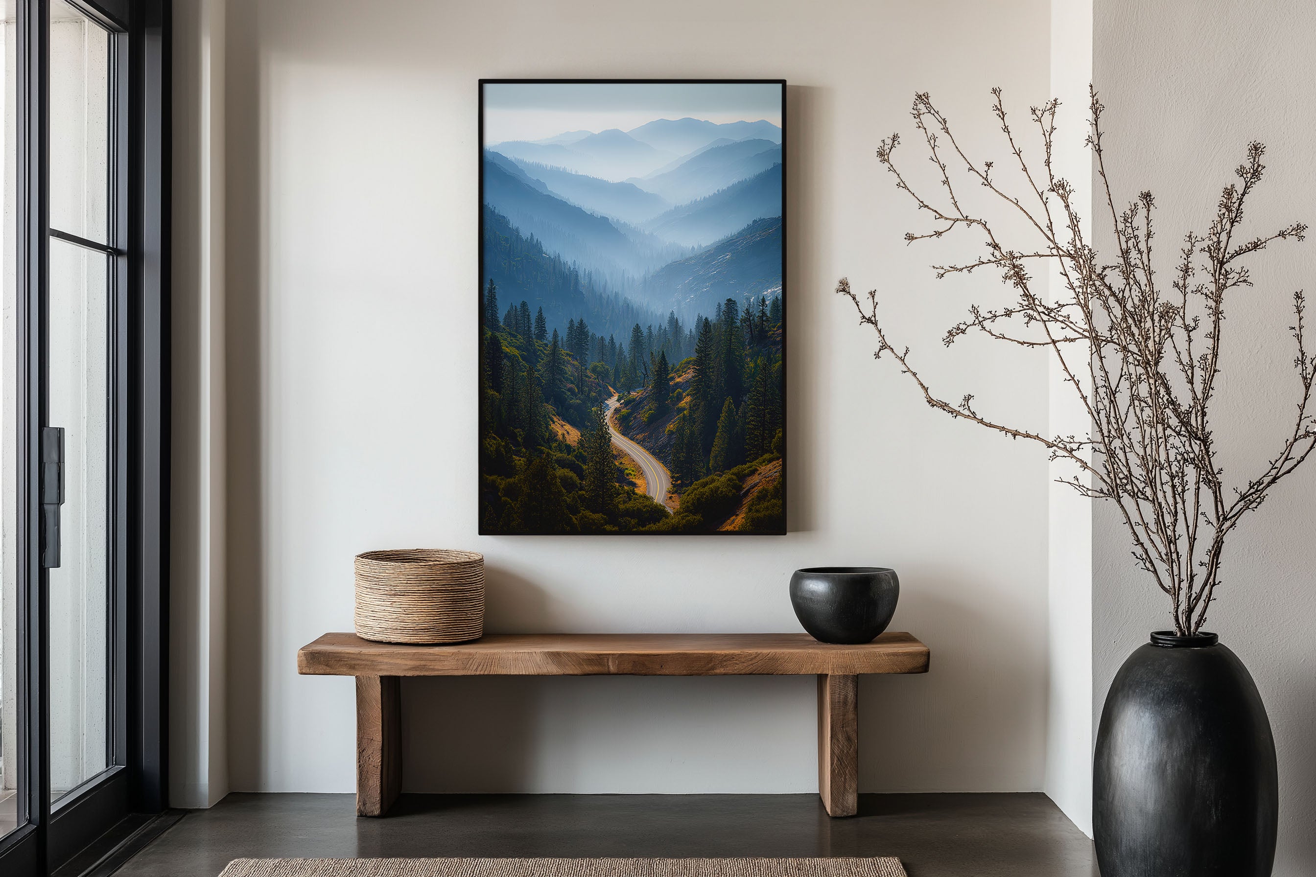 Sierra Nevada Mountain Road Print | California Blue Ridge Wall Art | Misty Pine Forest Mountain Highway Landscape Photography Poster