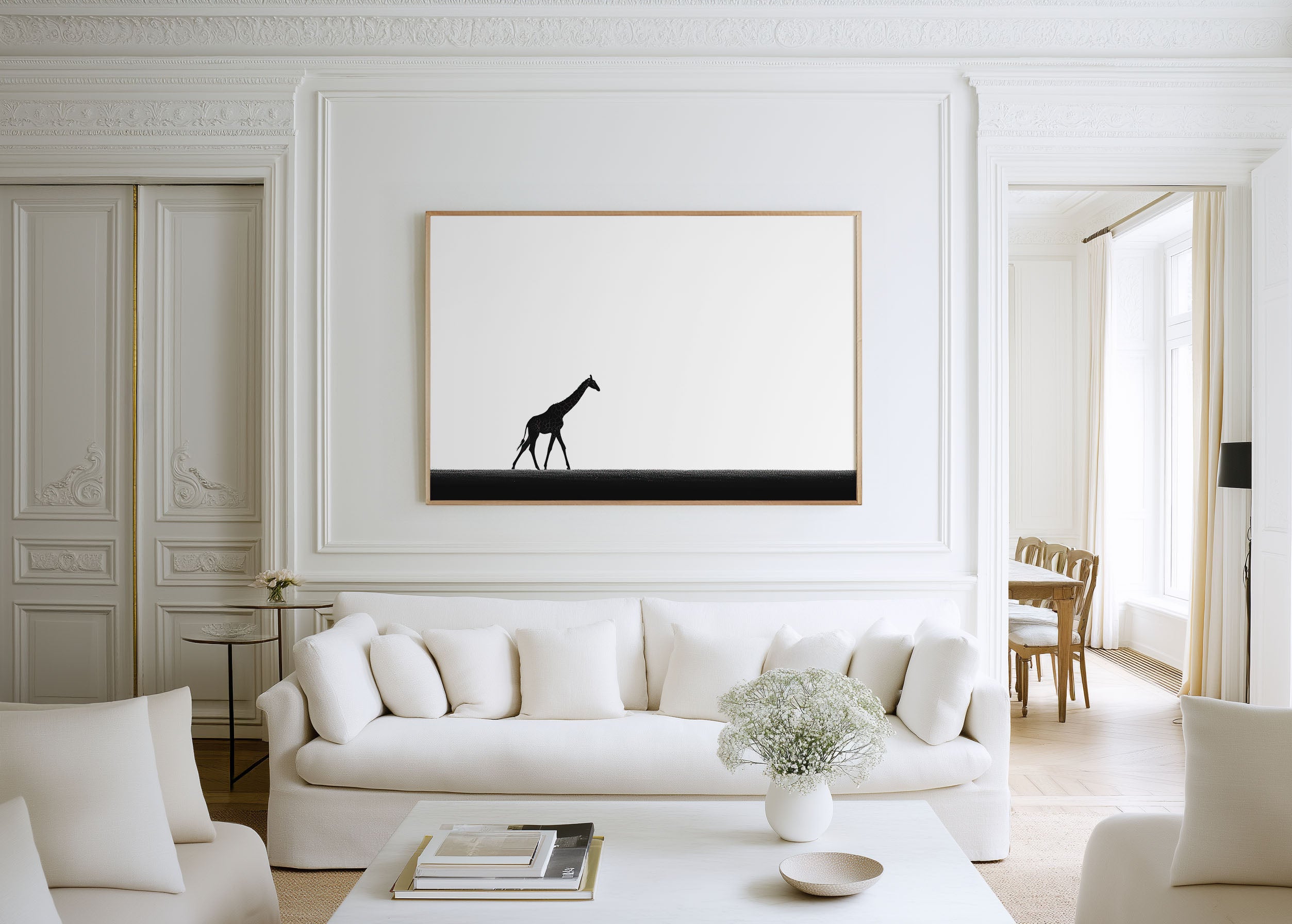 Single Giraffe Walking on Horizon | Minimalist Black & White Wildlife Fine Art Print