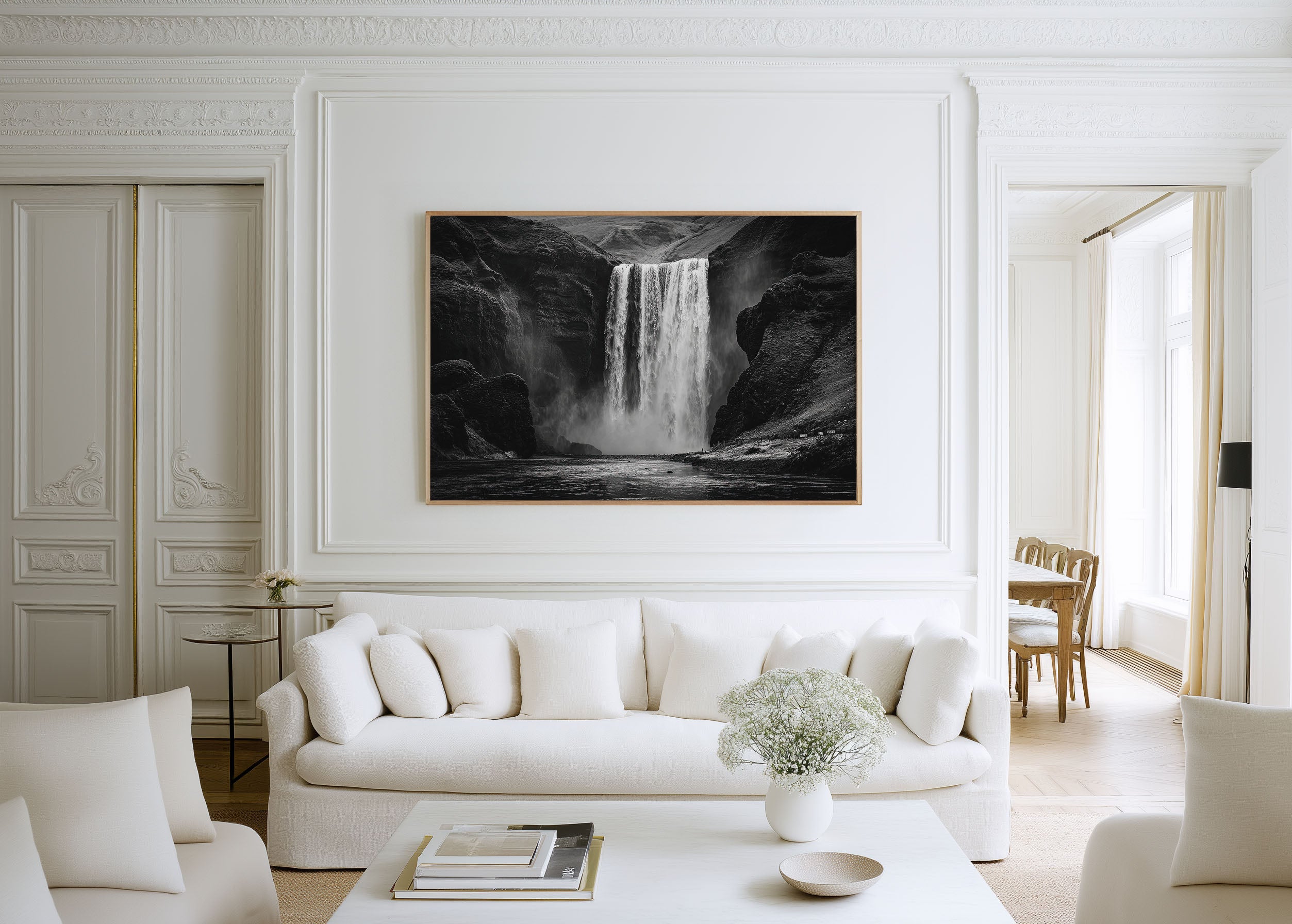 Skógafoss Waterfall Black and White Wall Art Print – Iceland Landscape Canvas