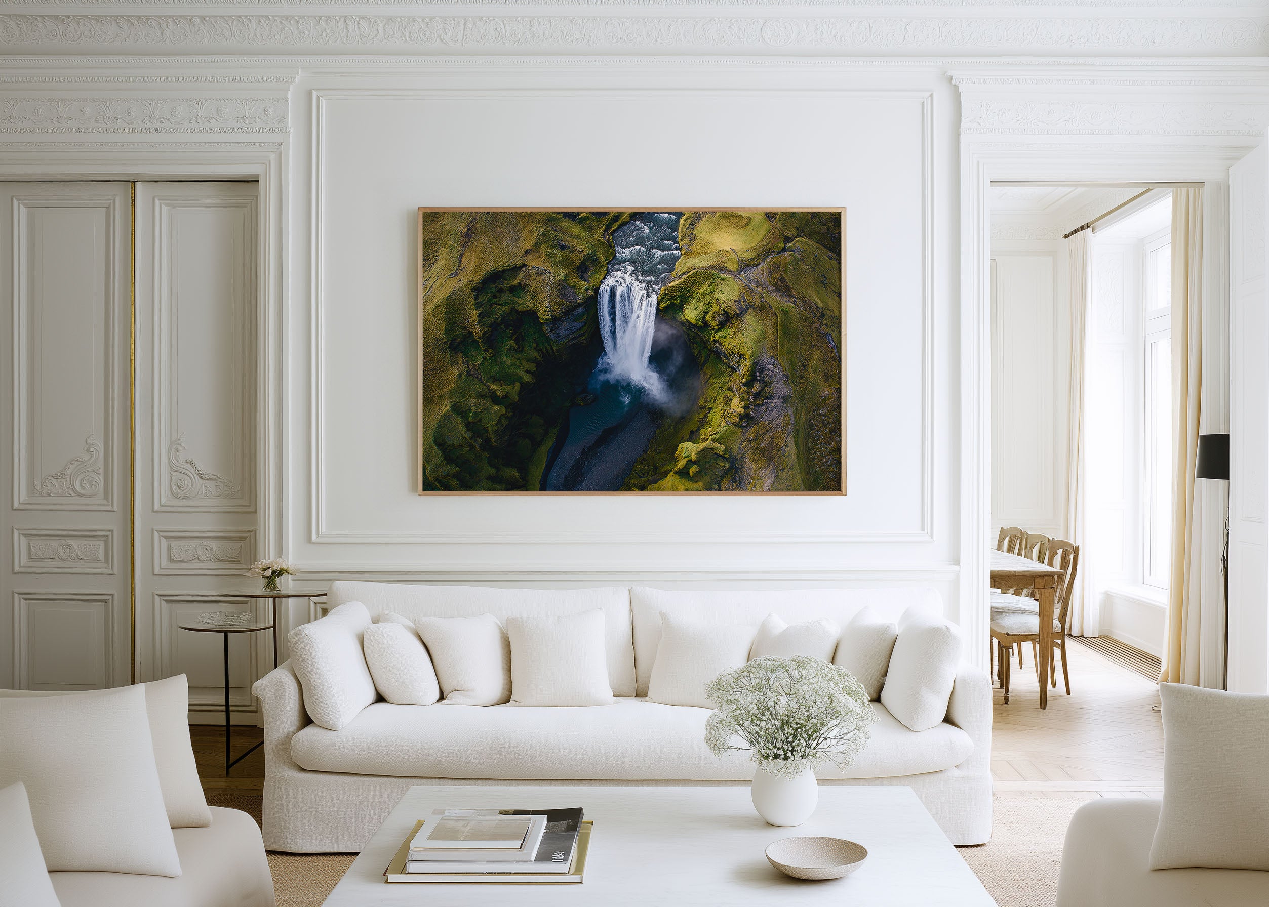 Skógafoss Waterfall Iceland Wall Art – Dramatic Aerial Nature Landscape Print