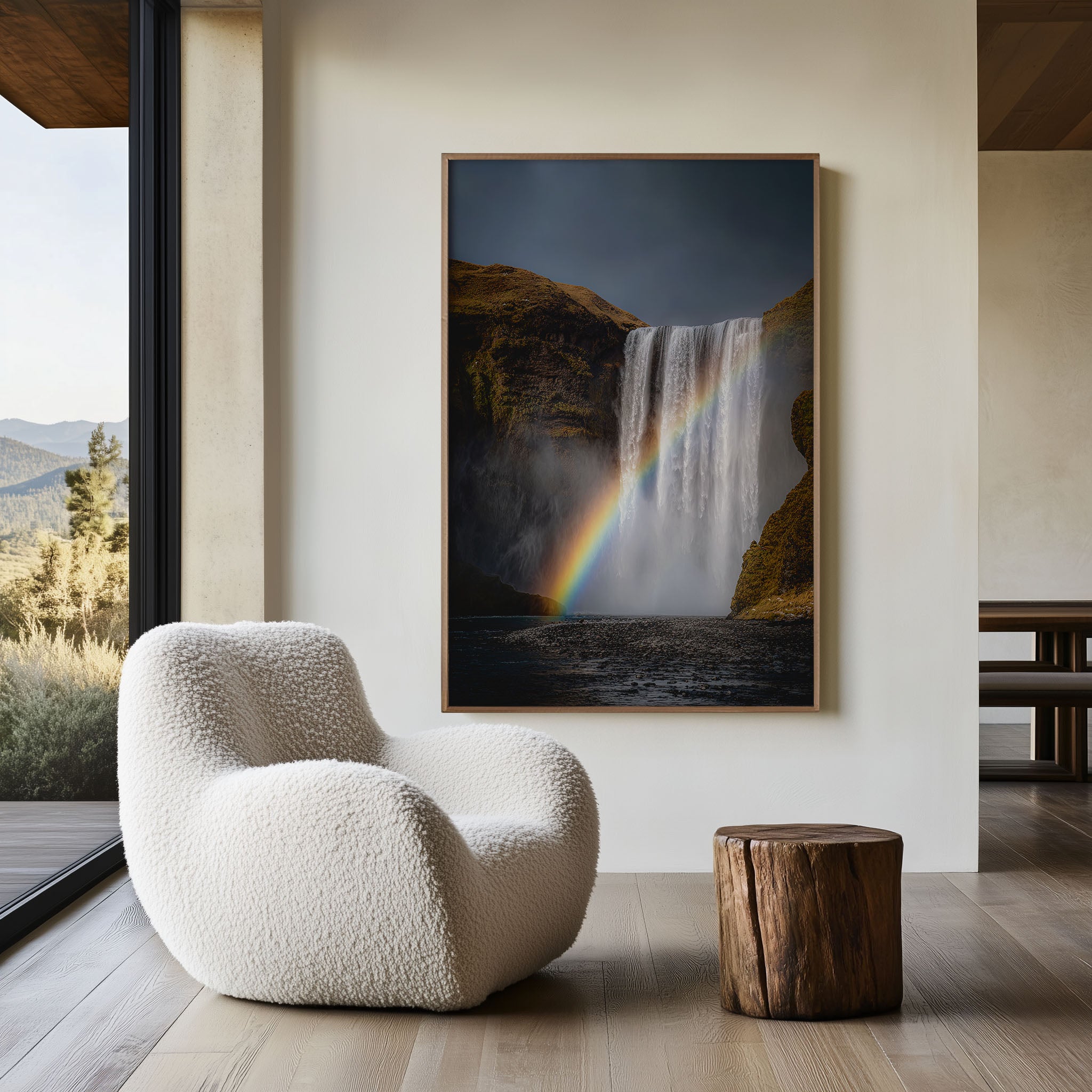 Skógafoss Waterfall Wall Art Print – Iceland Rainbow Waterfall Canvas, Dramatic Nature Landscape, Nordic Decor