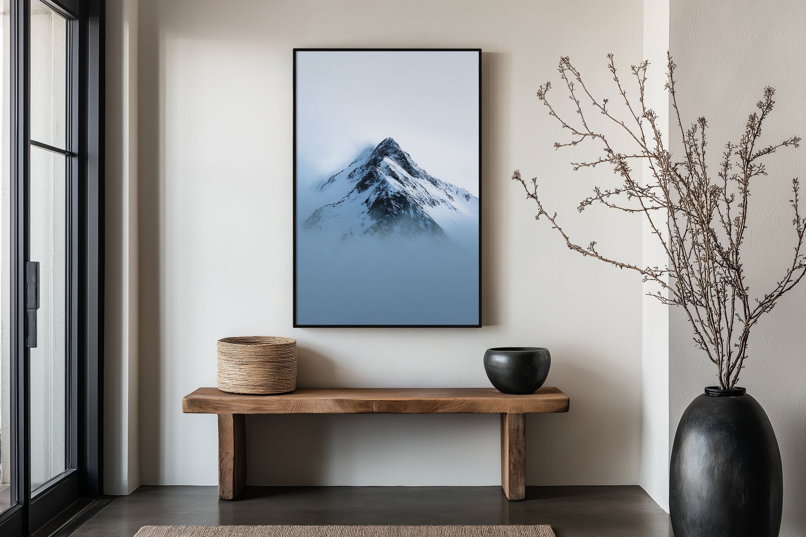 Snow-Capped Mountain Peak Print | Minimalist Alpine Mist Wall Art | Blue Mountain Photography