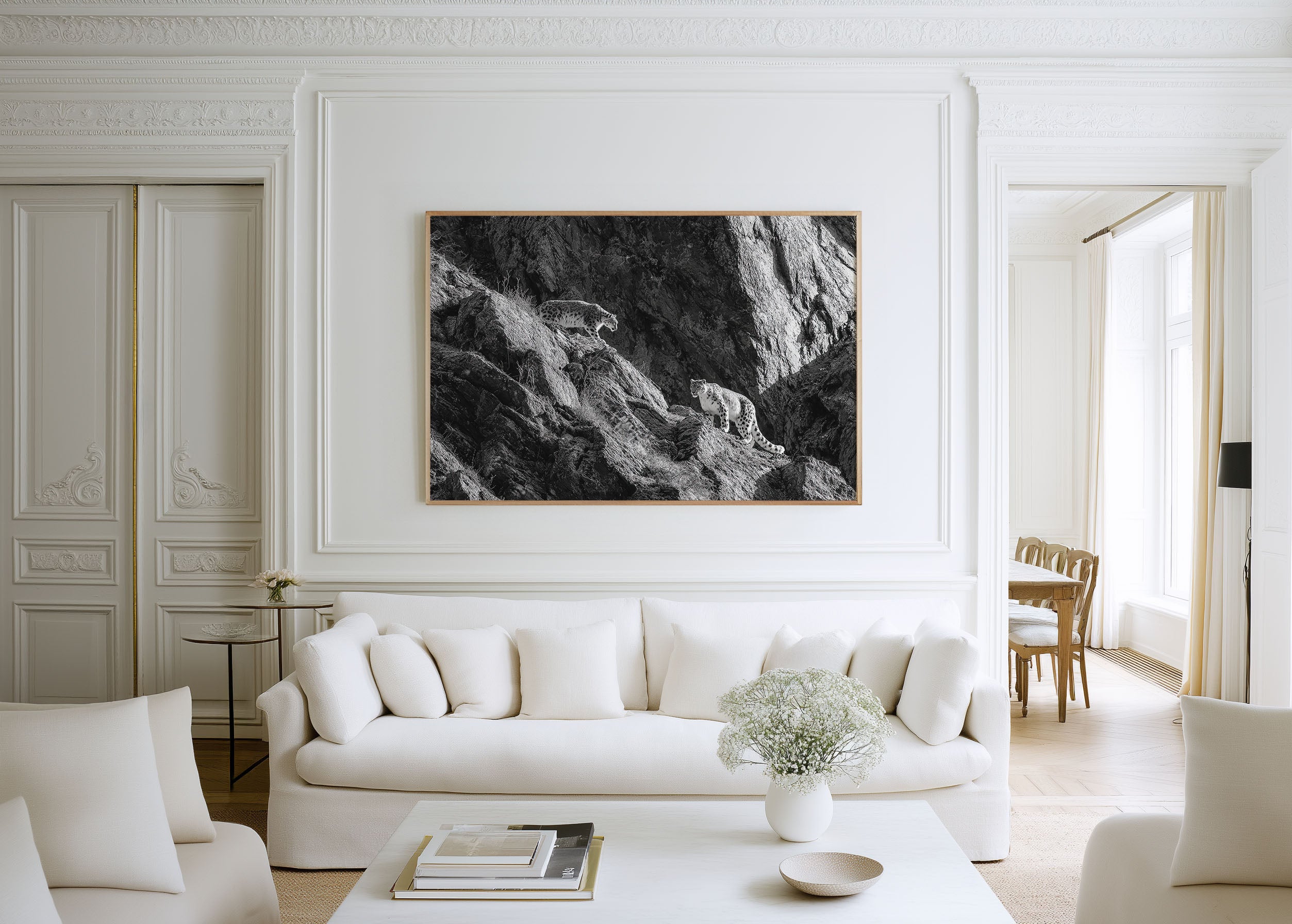 Snow Leopard Pair Black & White Wildlife Wall Art