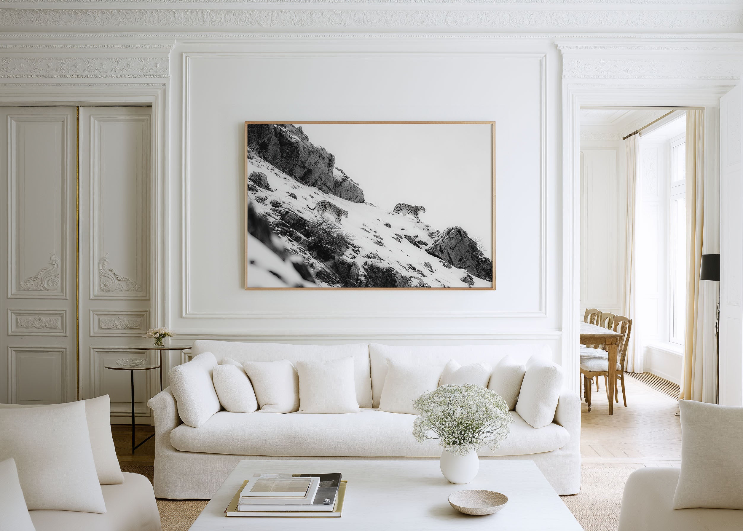 Snow Leopards in Snow Black & White Wall Art