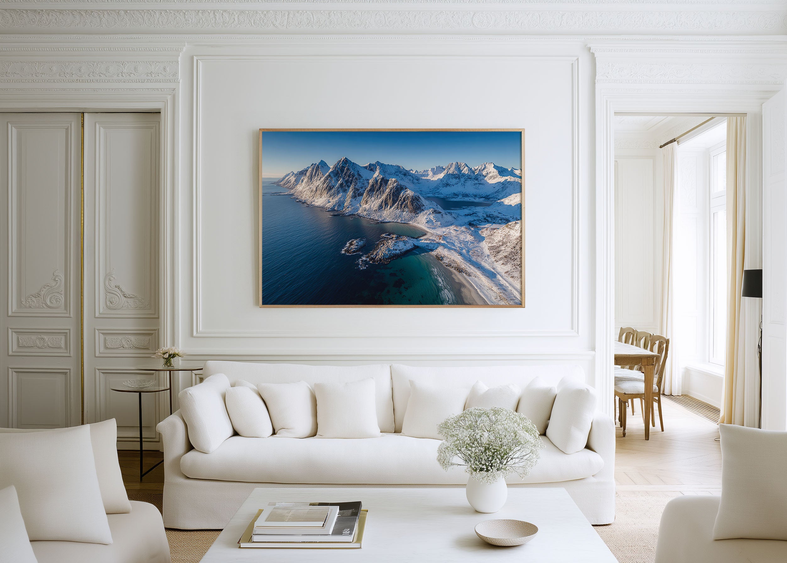 Snowy Lofoten Mountains Wall Art – Norway Arctic Coastal Landscape Print
