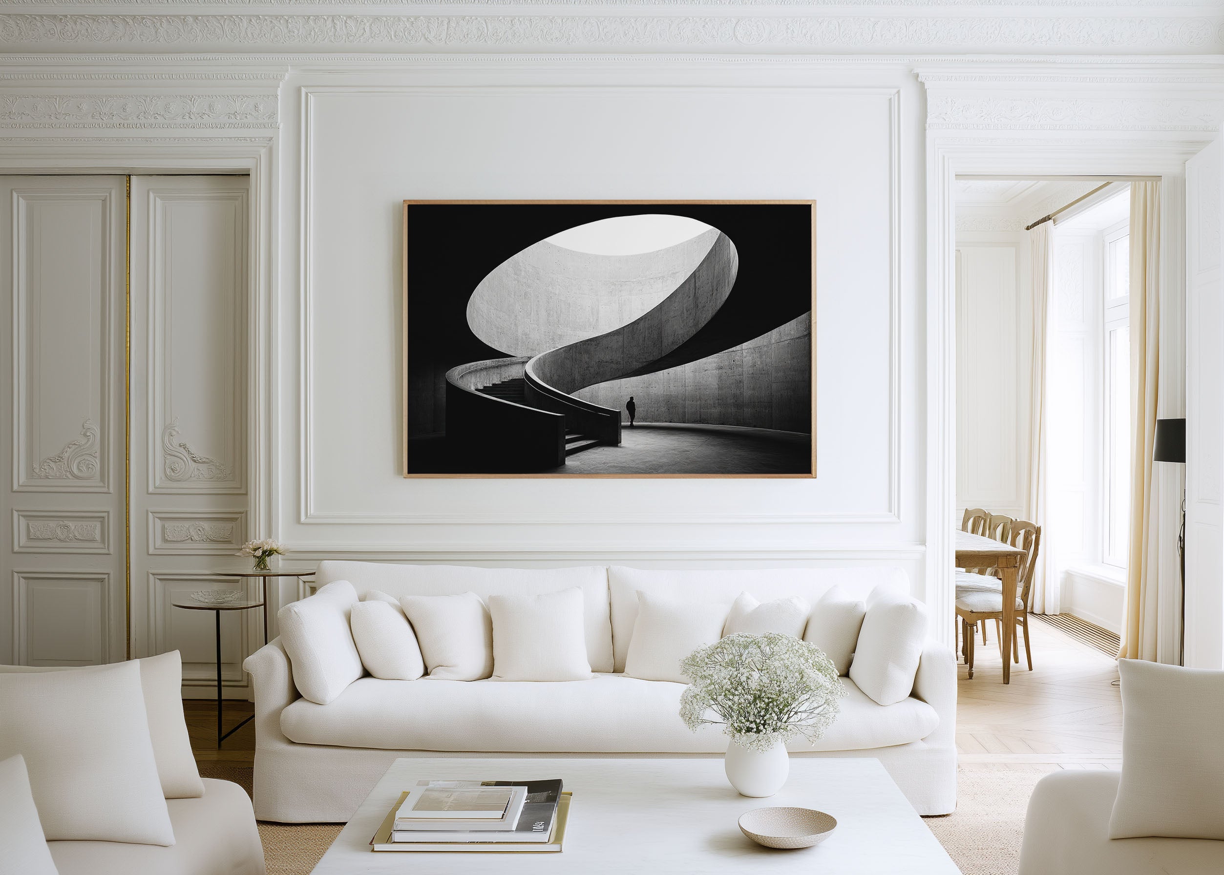 Spiral Concrete Staircase Skylight Print | Black and White Architecture Wall Art | Brutalist Interior Photography