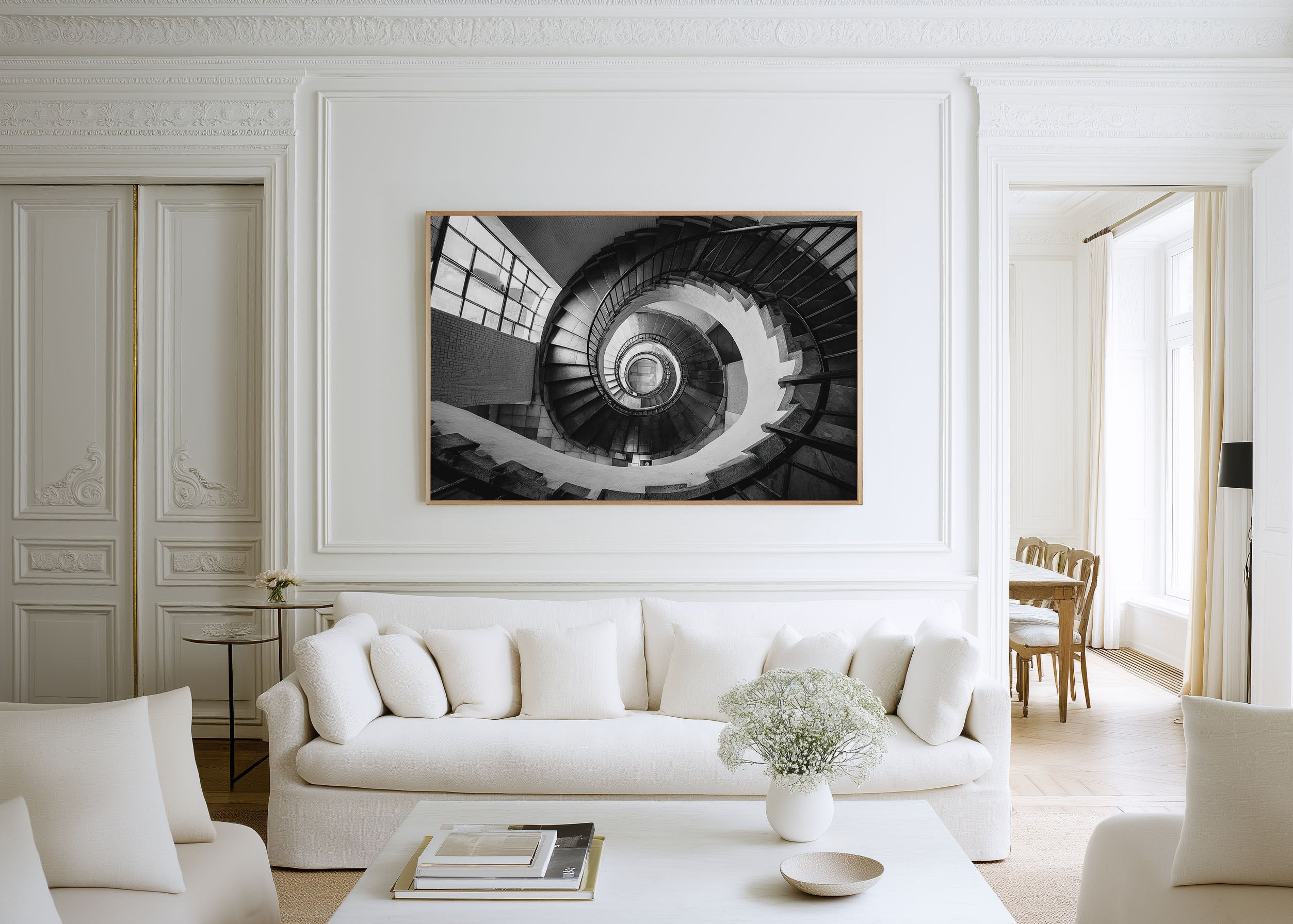 Spiral Staircase Looking Down Print | Black and White Architecture Wall Art | Vertigo Stairwell Photography