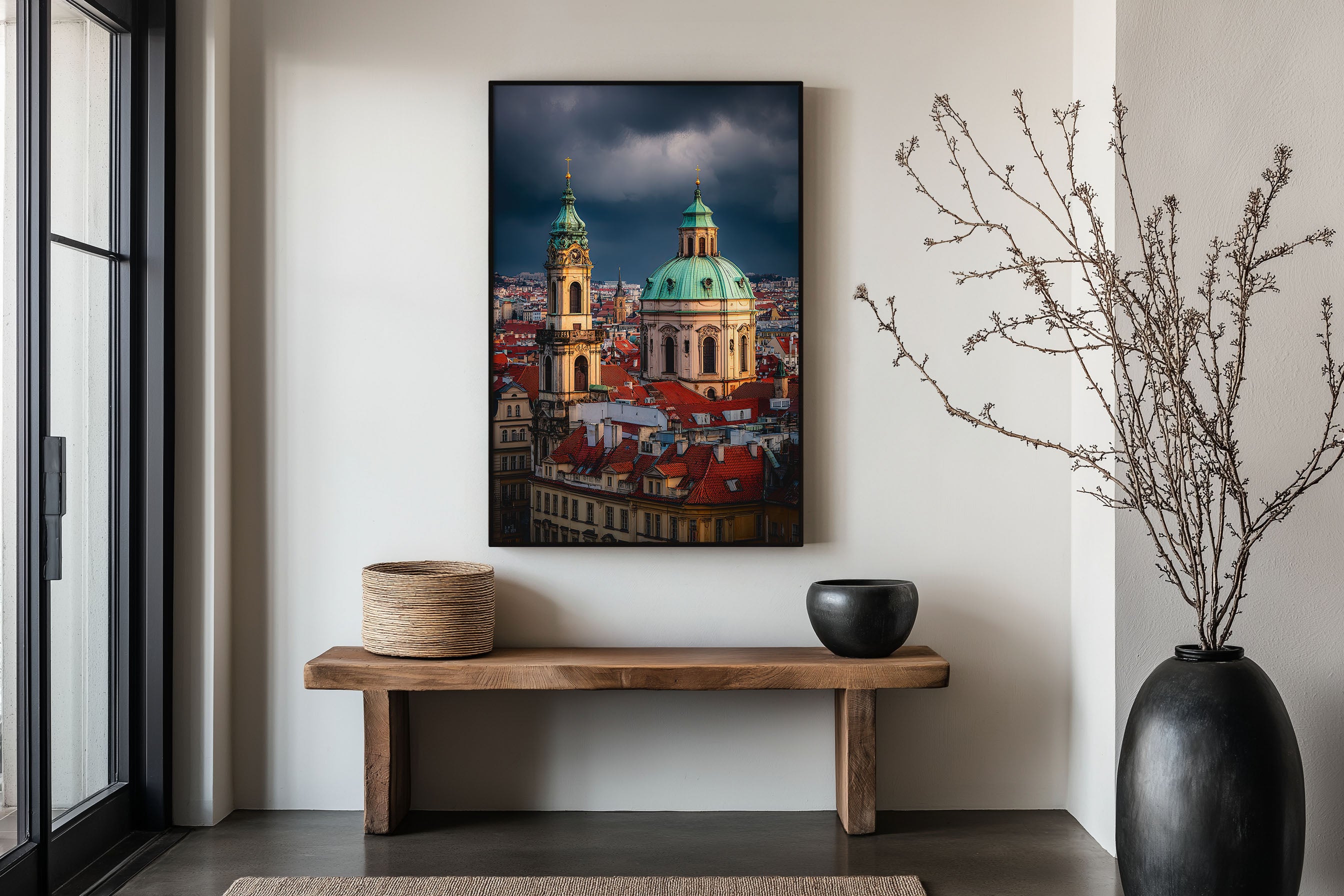 Prague Print | St Nicholas Church Under Stormy Skies | Czech Old Town Rooftops Wall Art | Europe Travel Photography Poster