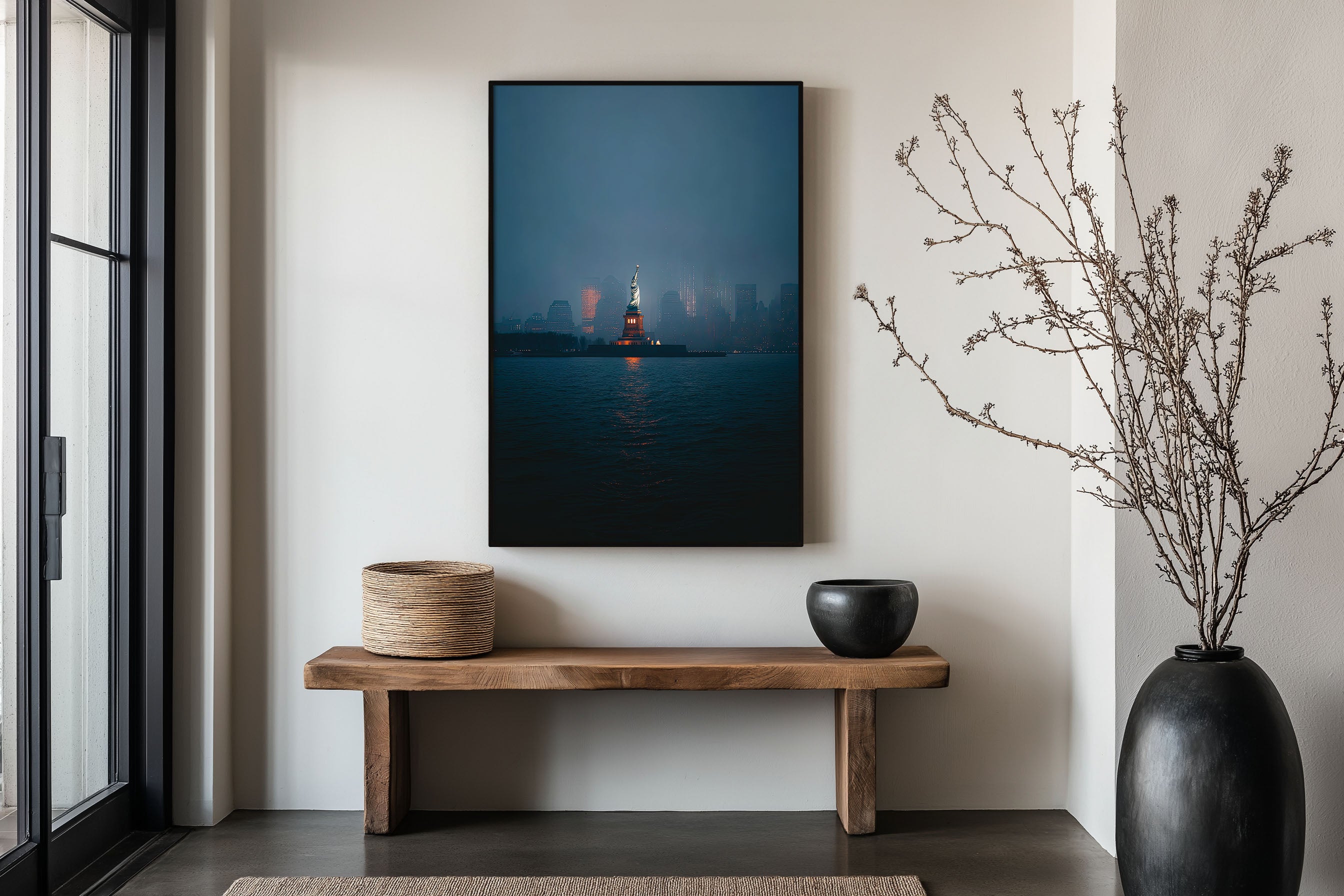 Statue of Liberty New York Night Print | Manhattan Skyline Foggy Wall Art | NYC Harbour Photography