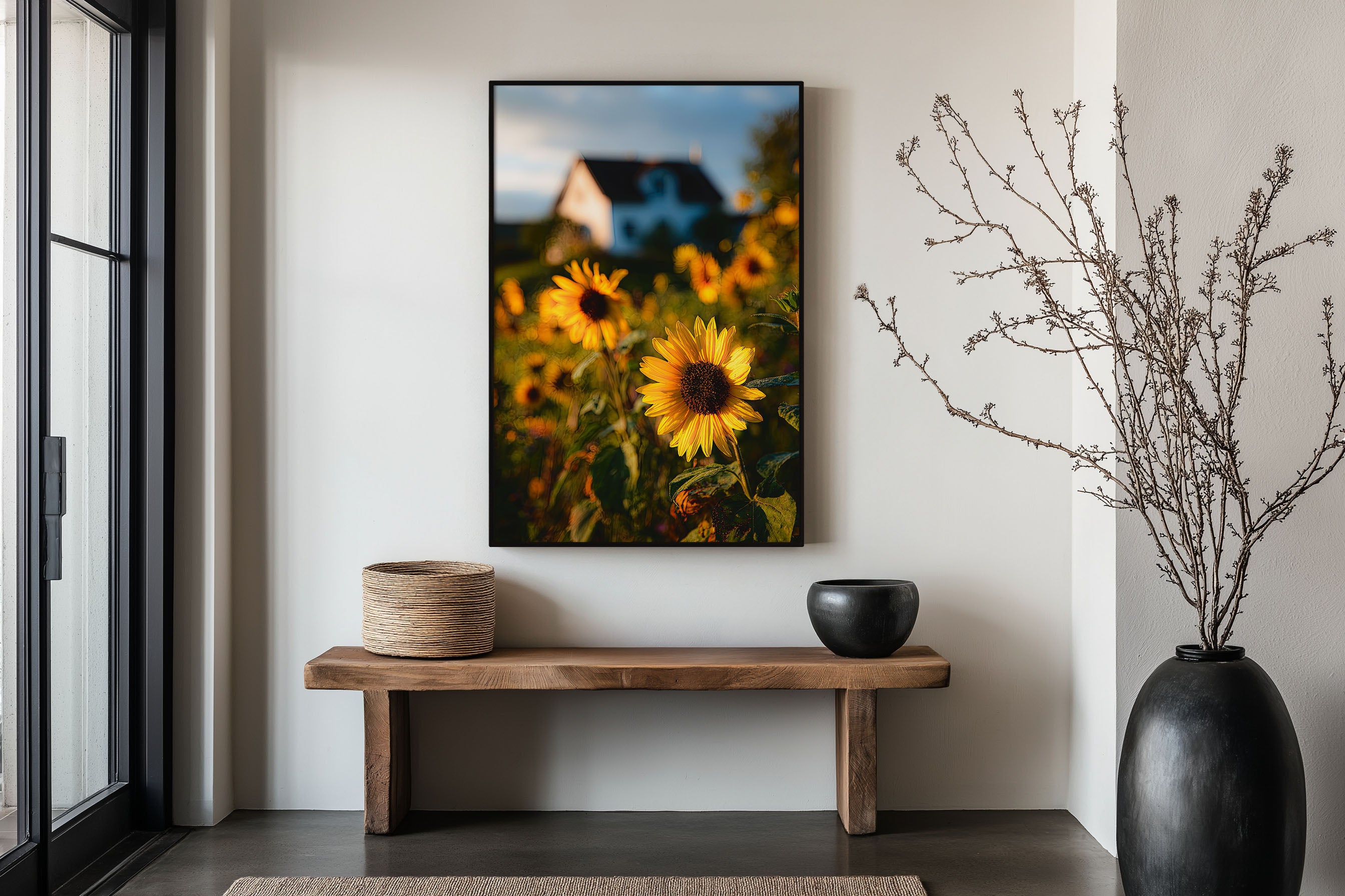 Sunflower Field Farmhouse Print | Sunflower Wall Art | Golden Sunflower Bokeh Landscape Photography Poster