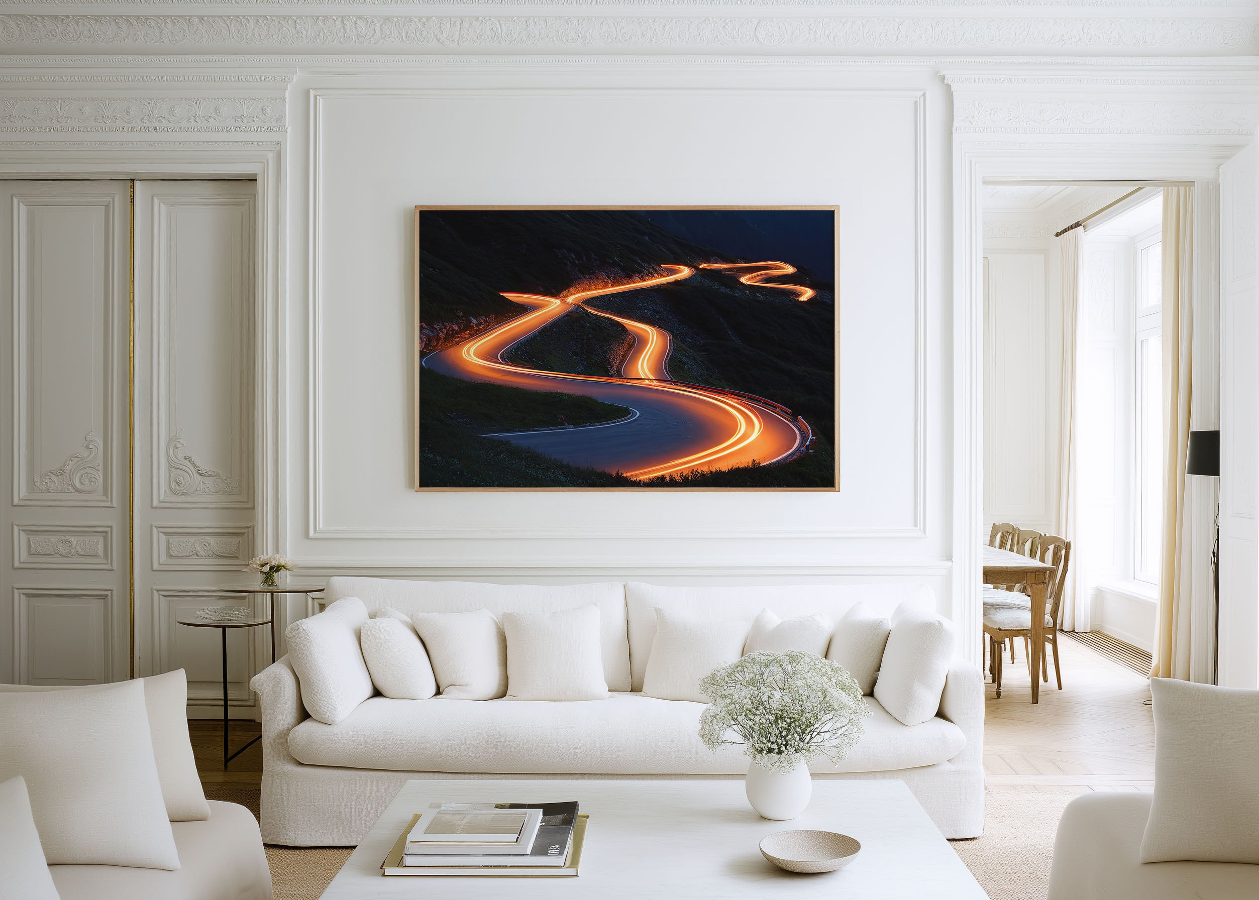 Swiss Alps Mountain Road Wall Art Print, Dramatic Light Trails