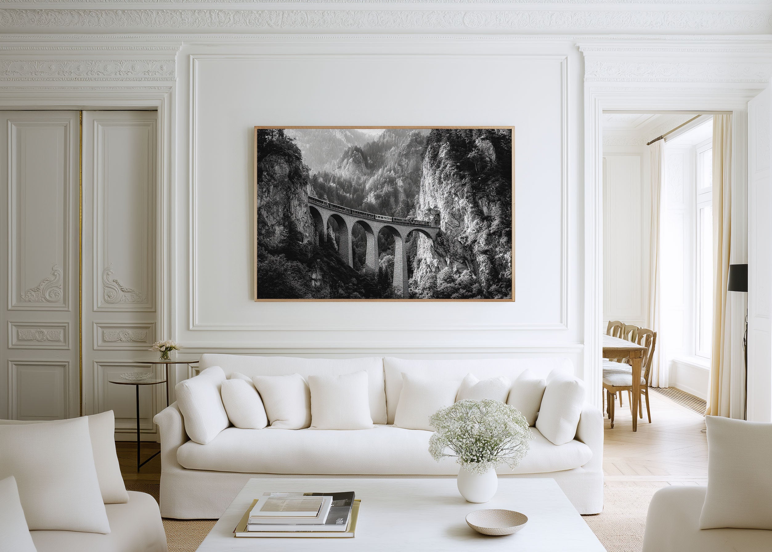 Swiss Alps Train Bridge Black & White Wall Art