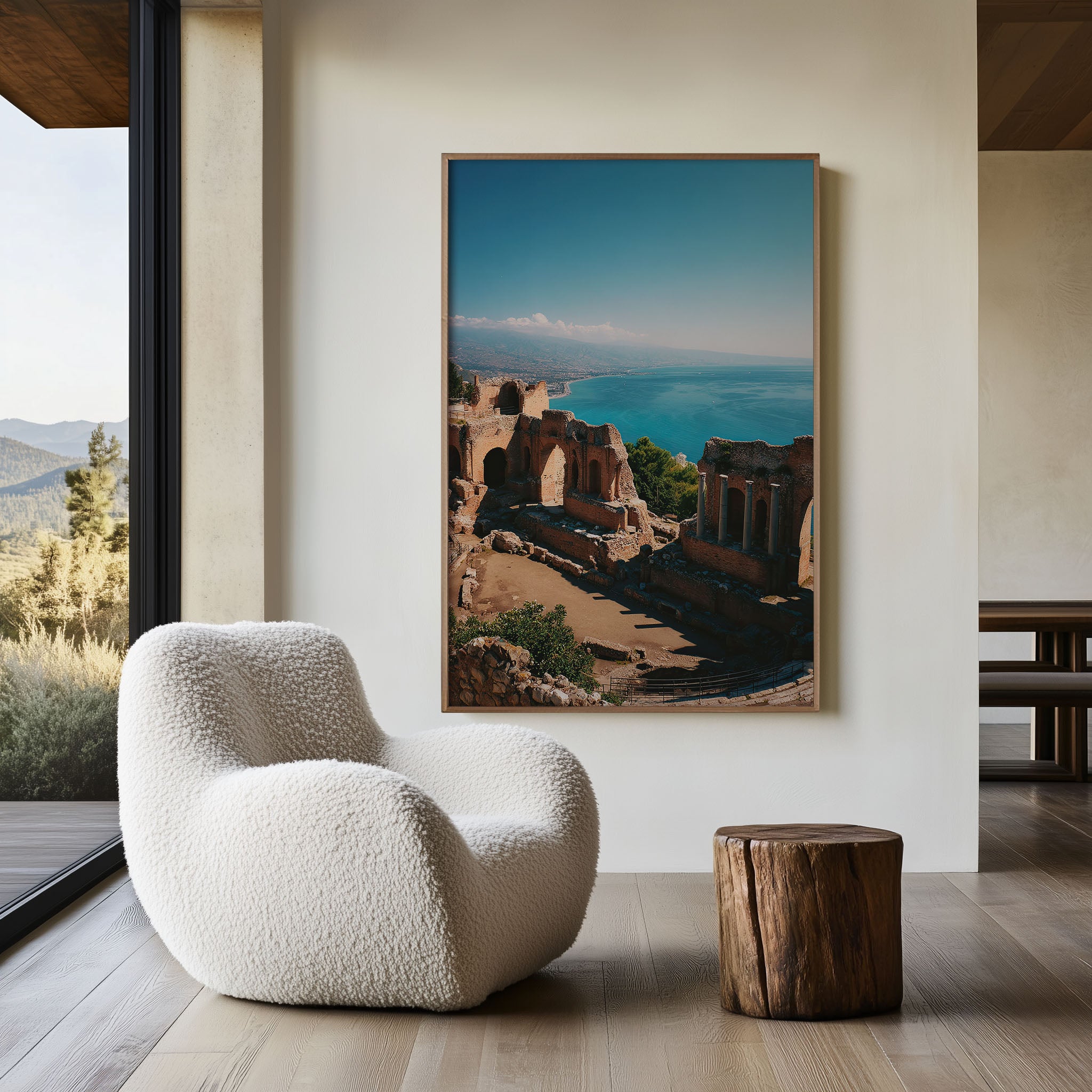 Taormina Coastal Ruins Wall Art | Sicily Ocean View Landscape Print