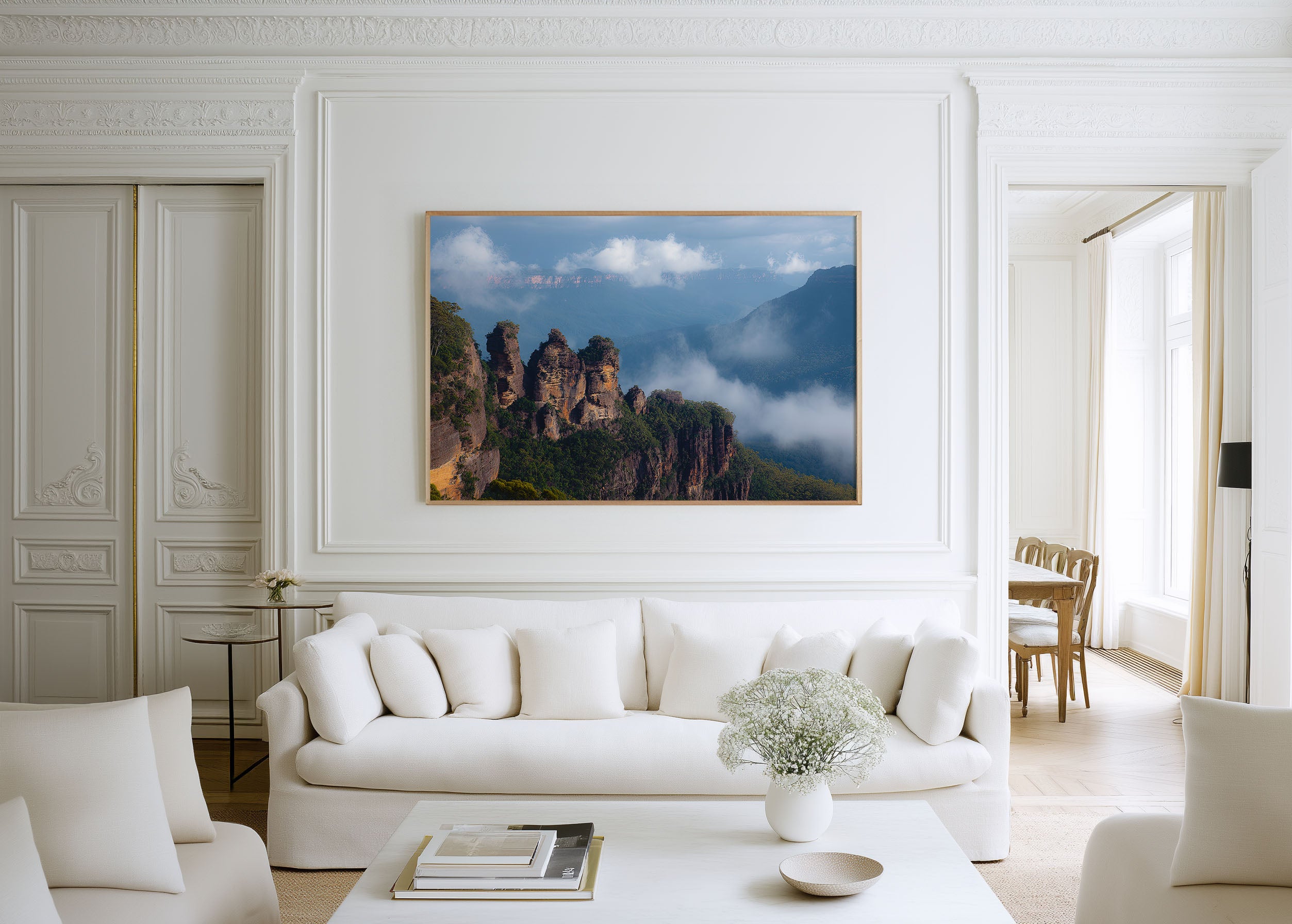 Three Sisters Blue Mountains Wall Art – Misty Morning Landscape Print, NSW Australia Mountain Photography Decor