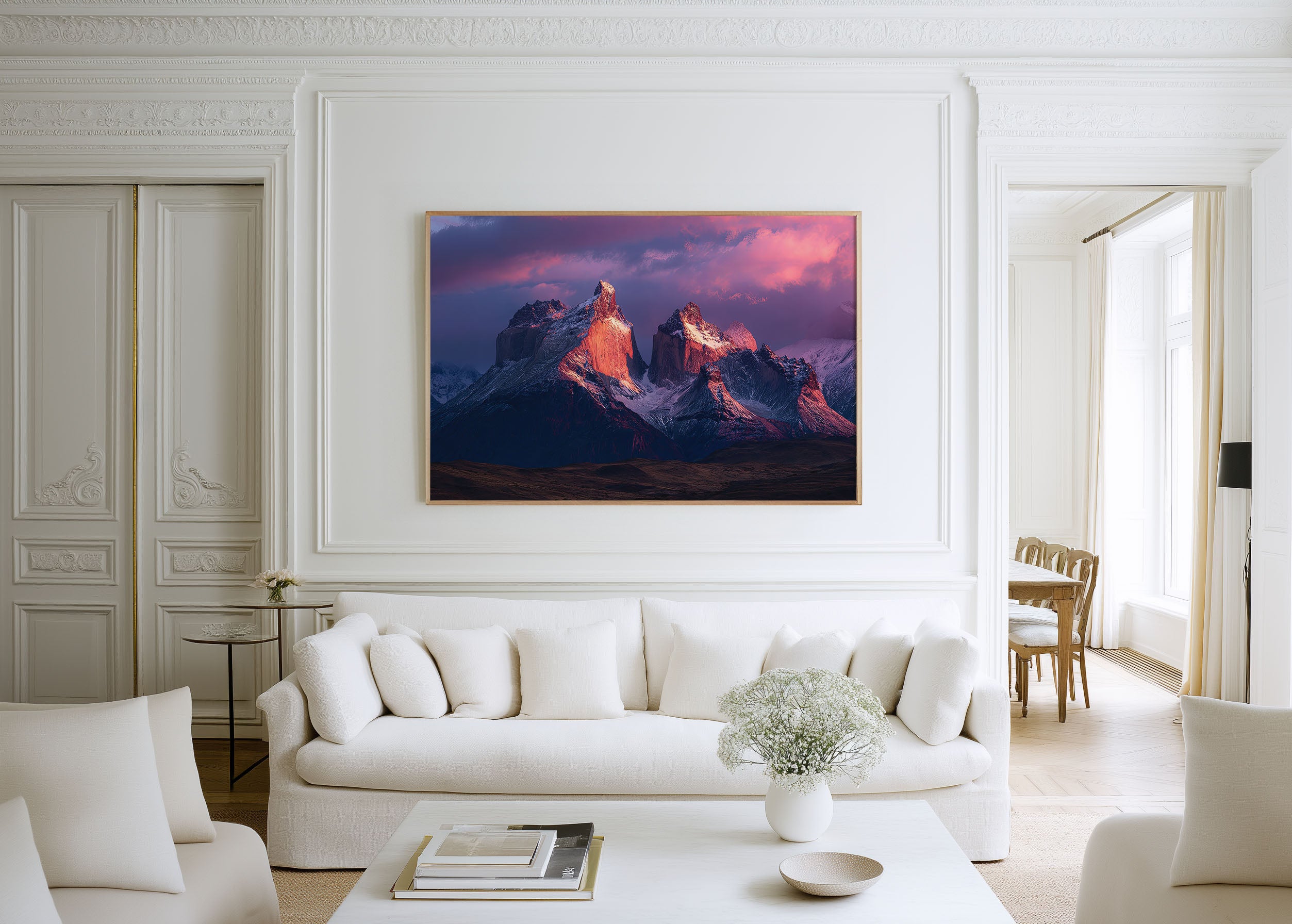 Torres del Paine Cuernos Chile Sunrise Print | Pink Purple Sky Wall Art