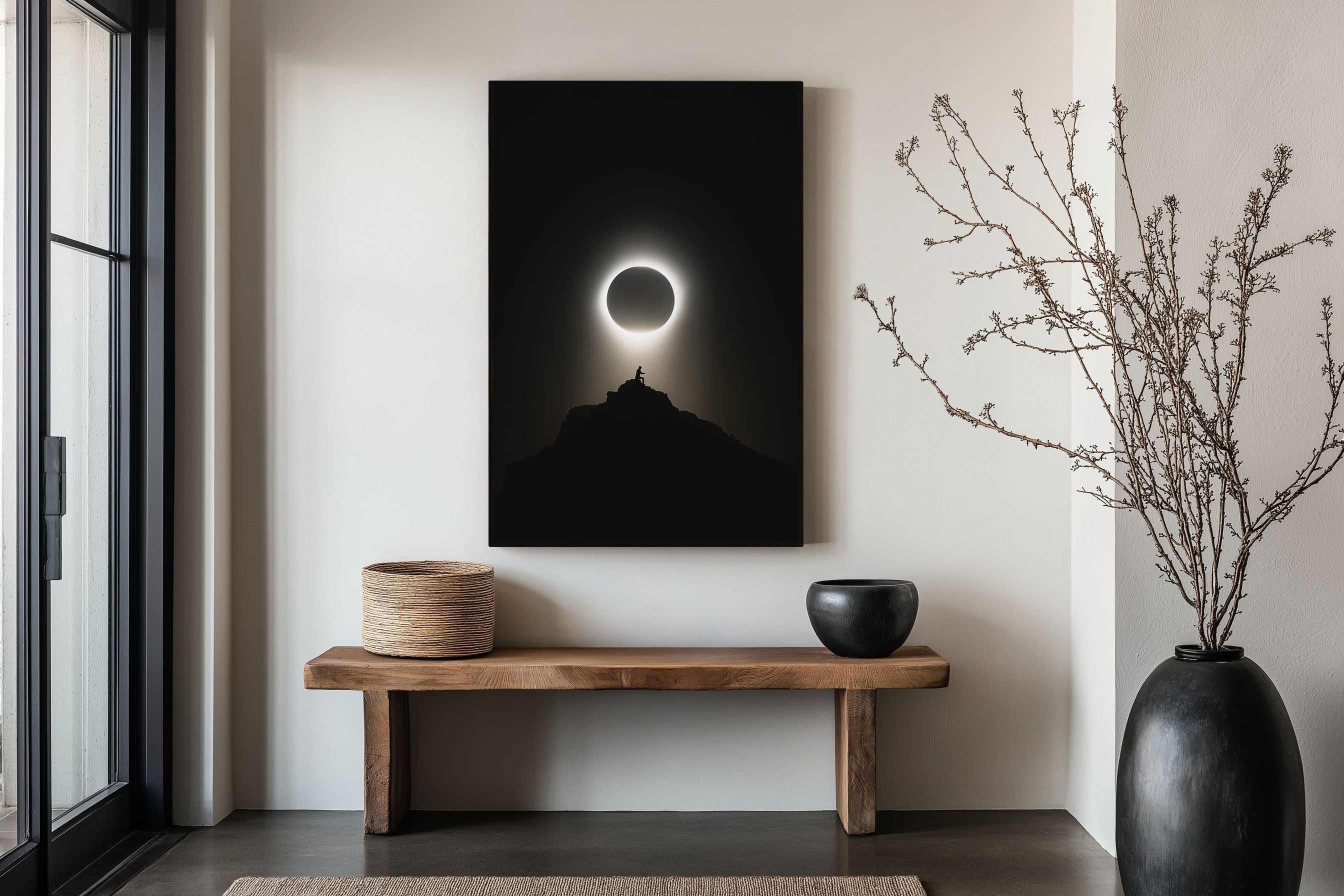 Total Solar Eclipse Print | Silhouette on Mountain Peak Wall Art | Black and White Celestial Poster | Minimalist Night Sky Print