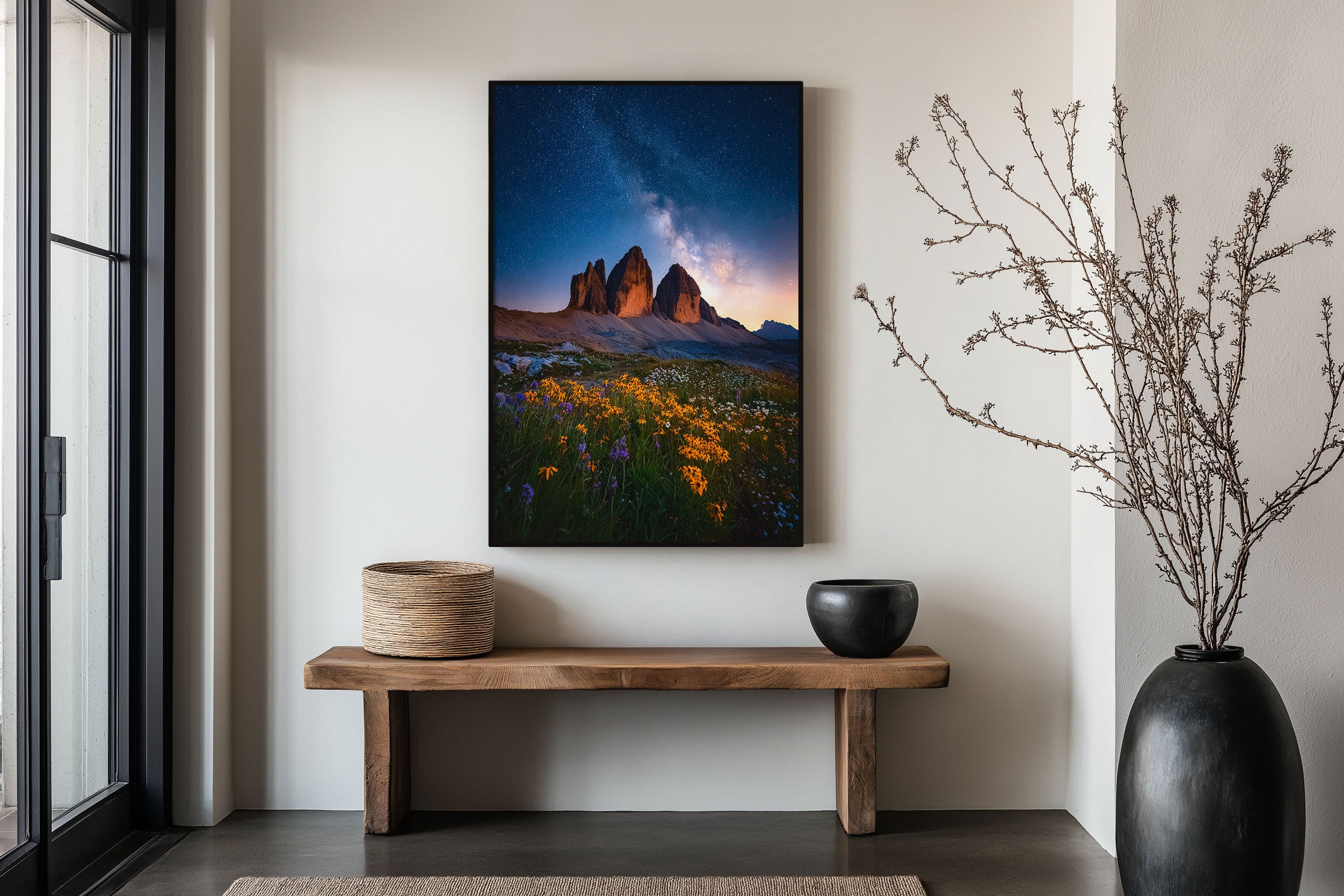 Tre Cime Milky Way Wildflowers Wall Art Print | Dolomites Italy Night Sky Photography | Three Peaks Stars Galaxy Flower Poster